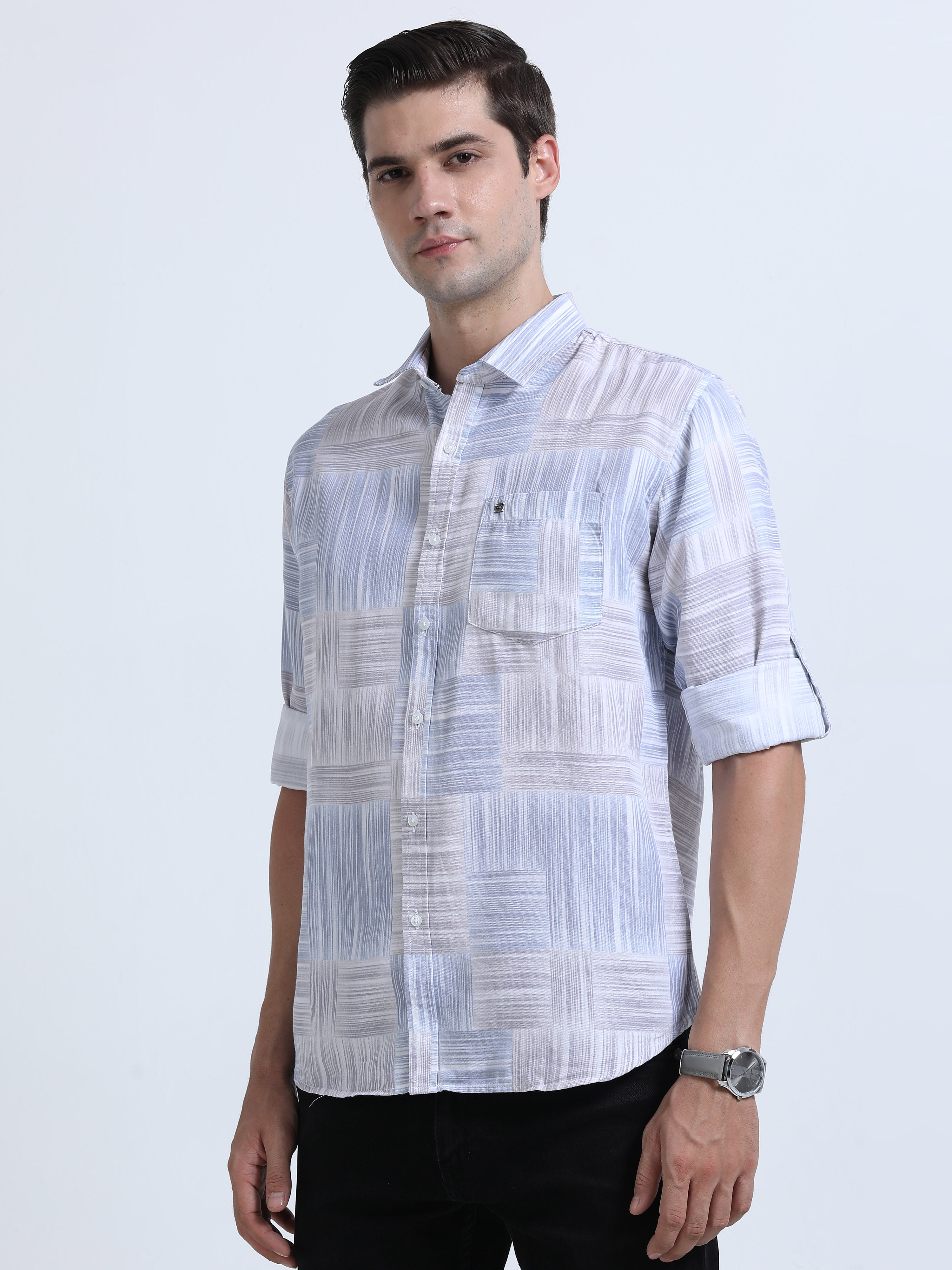 Men's Blue Slim Fit Twill Printed Full Sleeve Casual Shirt