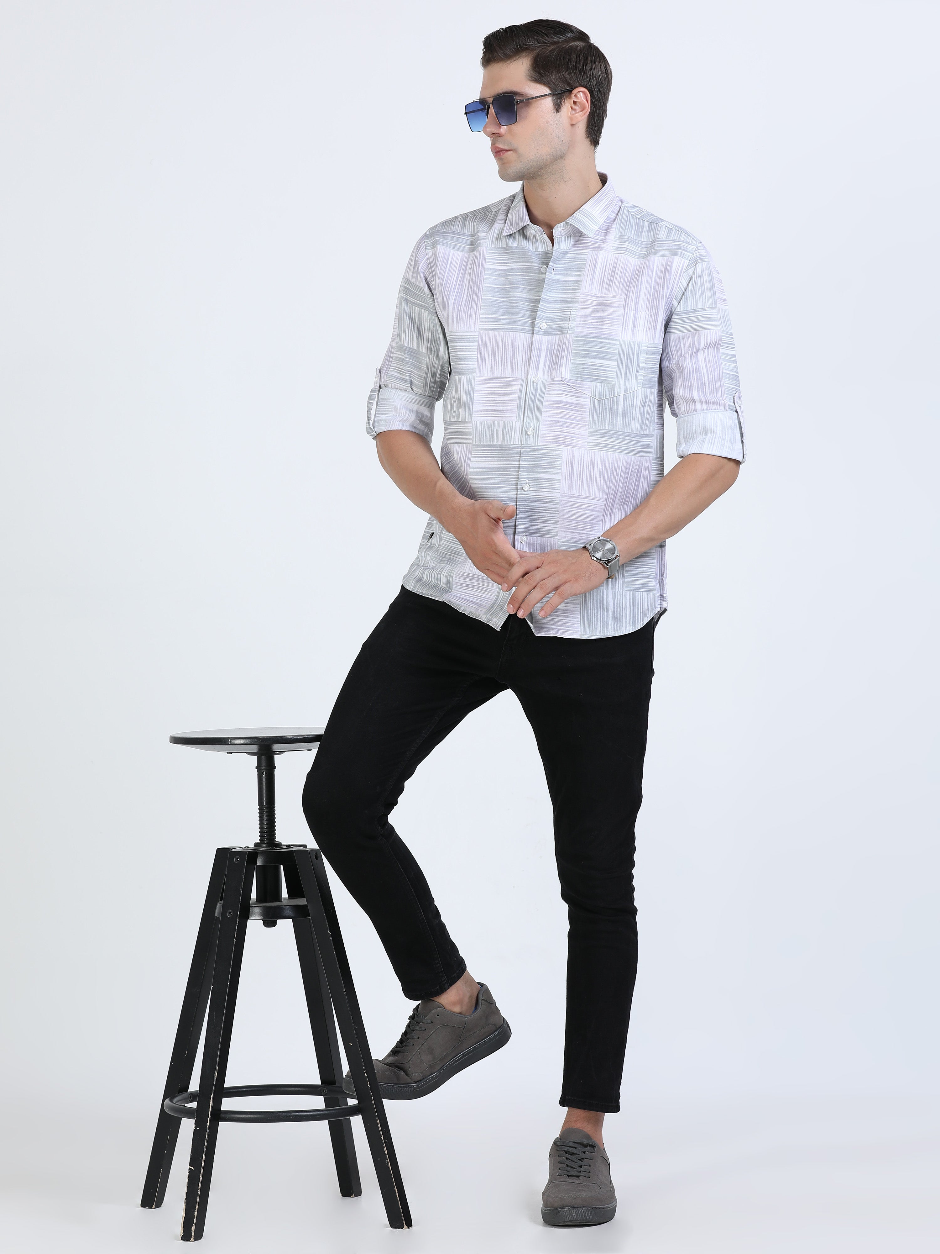 Men's Green Slim Fit Twill Printed Full Sleeve Casual Shirt