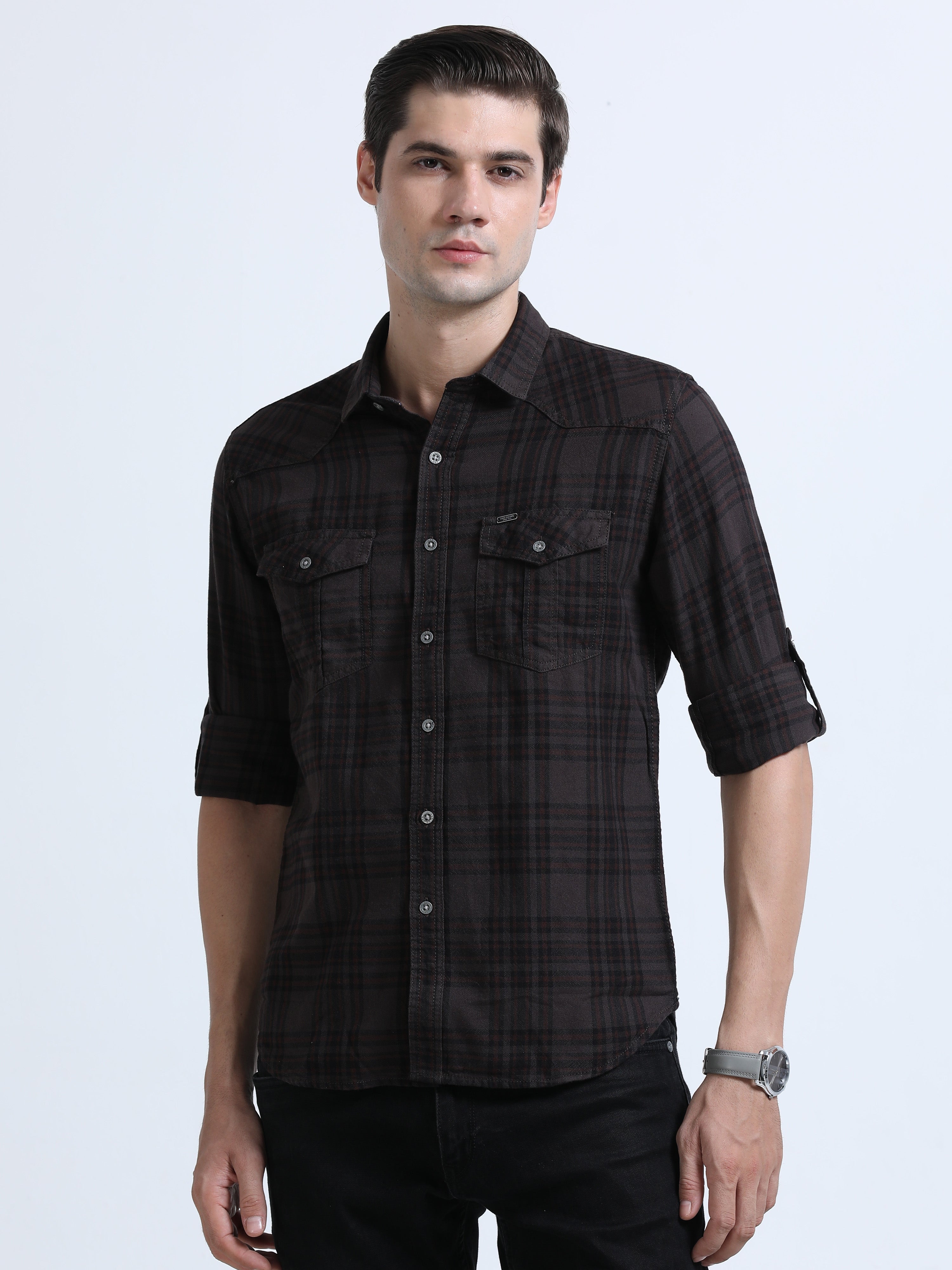 Men's Brown Slim Fit Checks Full Sleeve Casual Shirt
