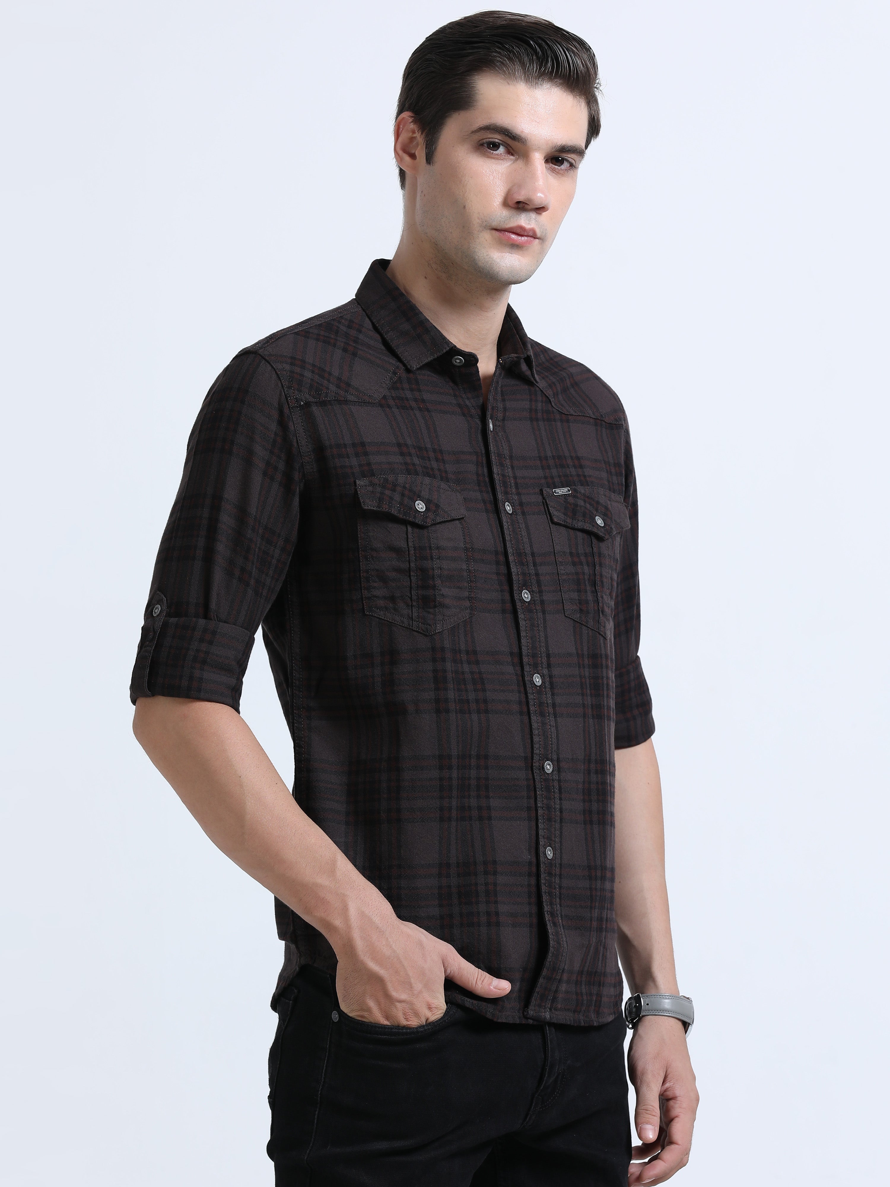 Men's Brown Slim Fit Checks Full Sleeve Casual Shirt