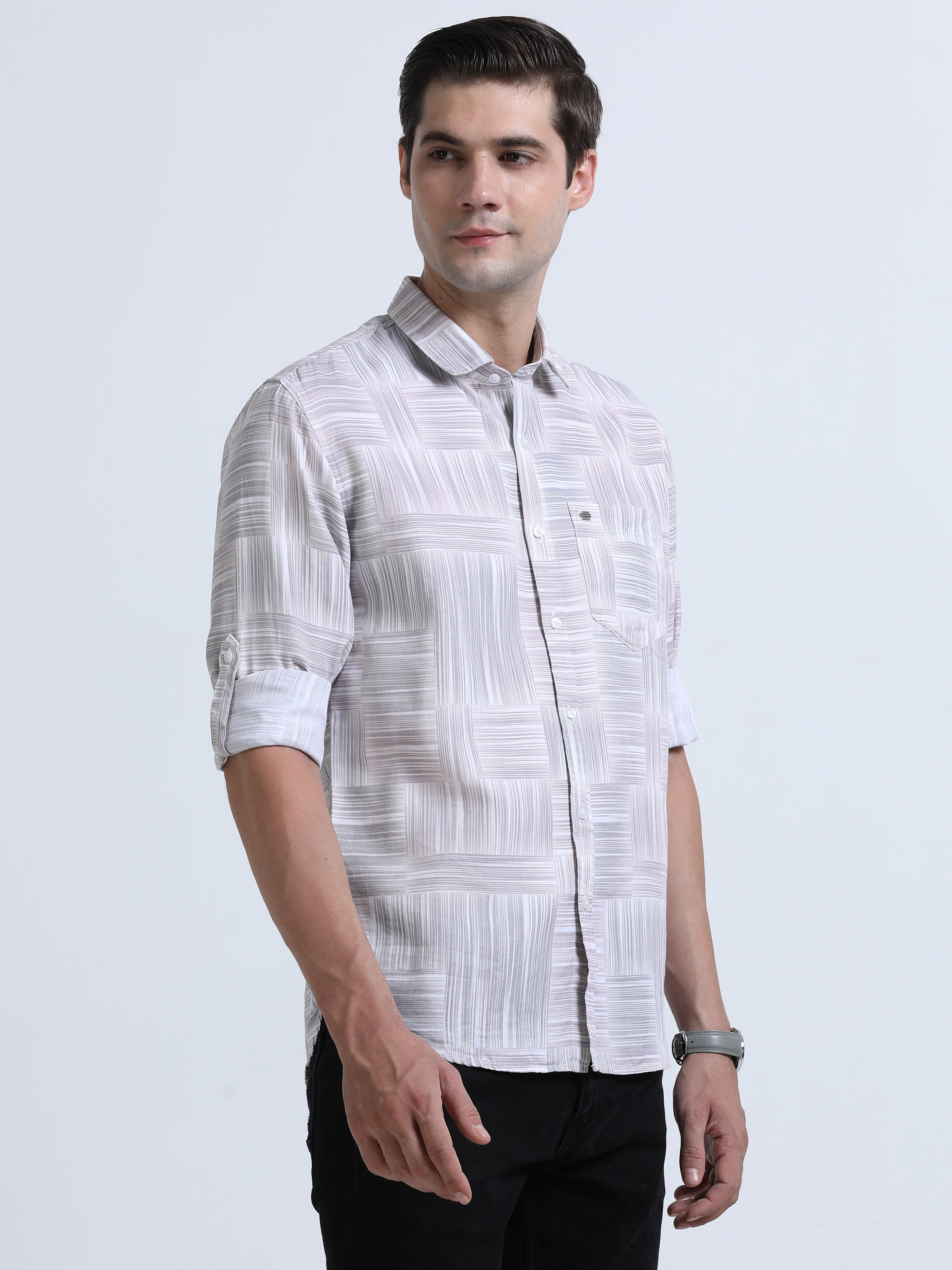 Men's Brown Slim Fit Twill Printed Full Sleeve Casual Shirt