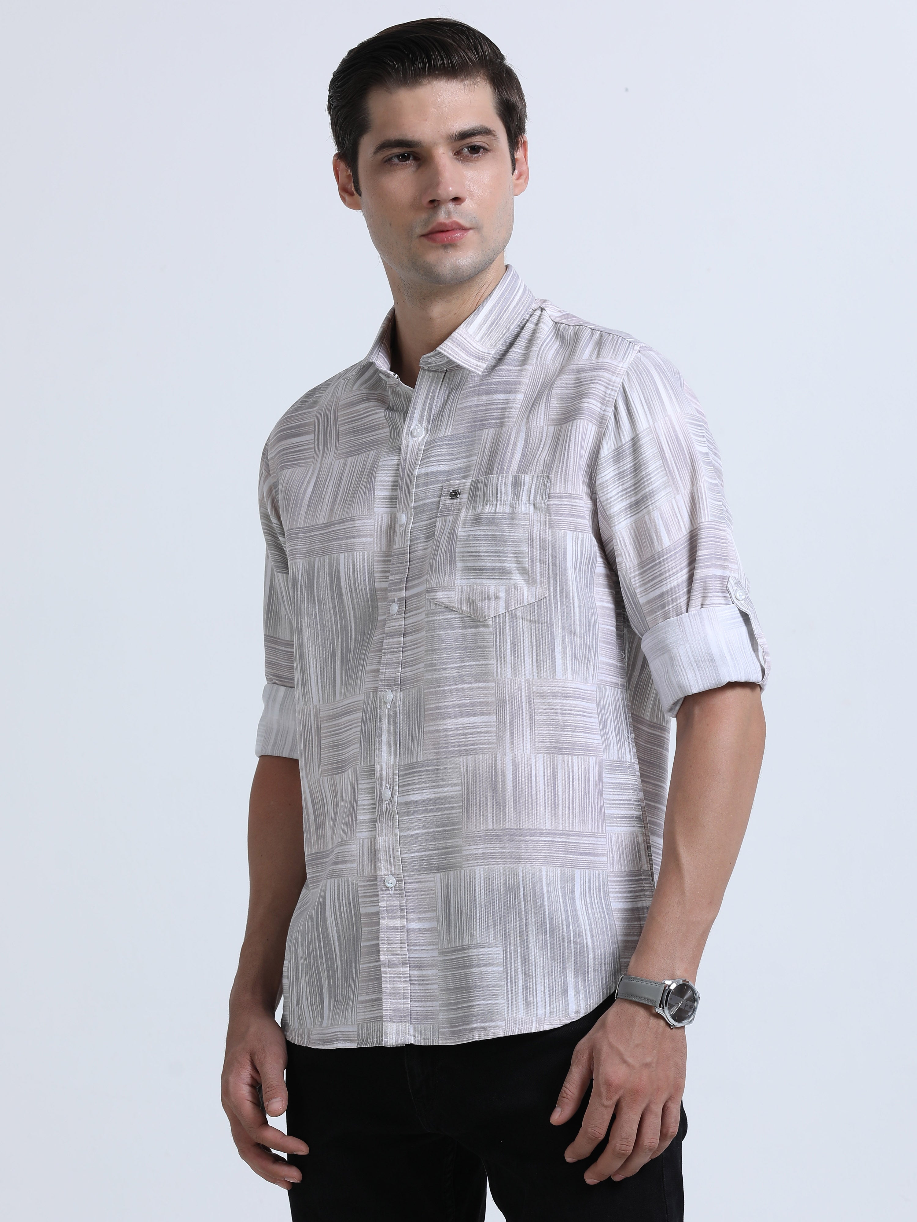 Men's Brown Slim Fit Twill Printed Full Sleeve Casual Shirt