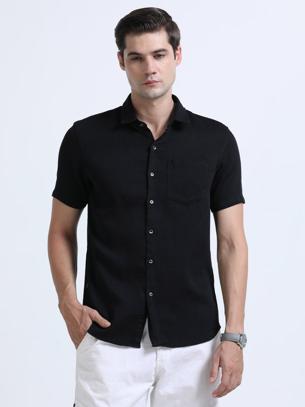 Men's Black Slim Fit Dobby Half Sleeve Casual Shirt