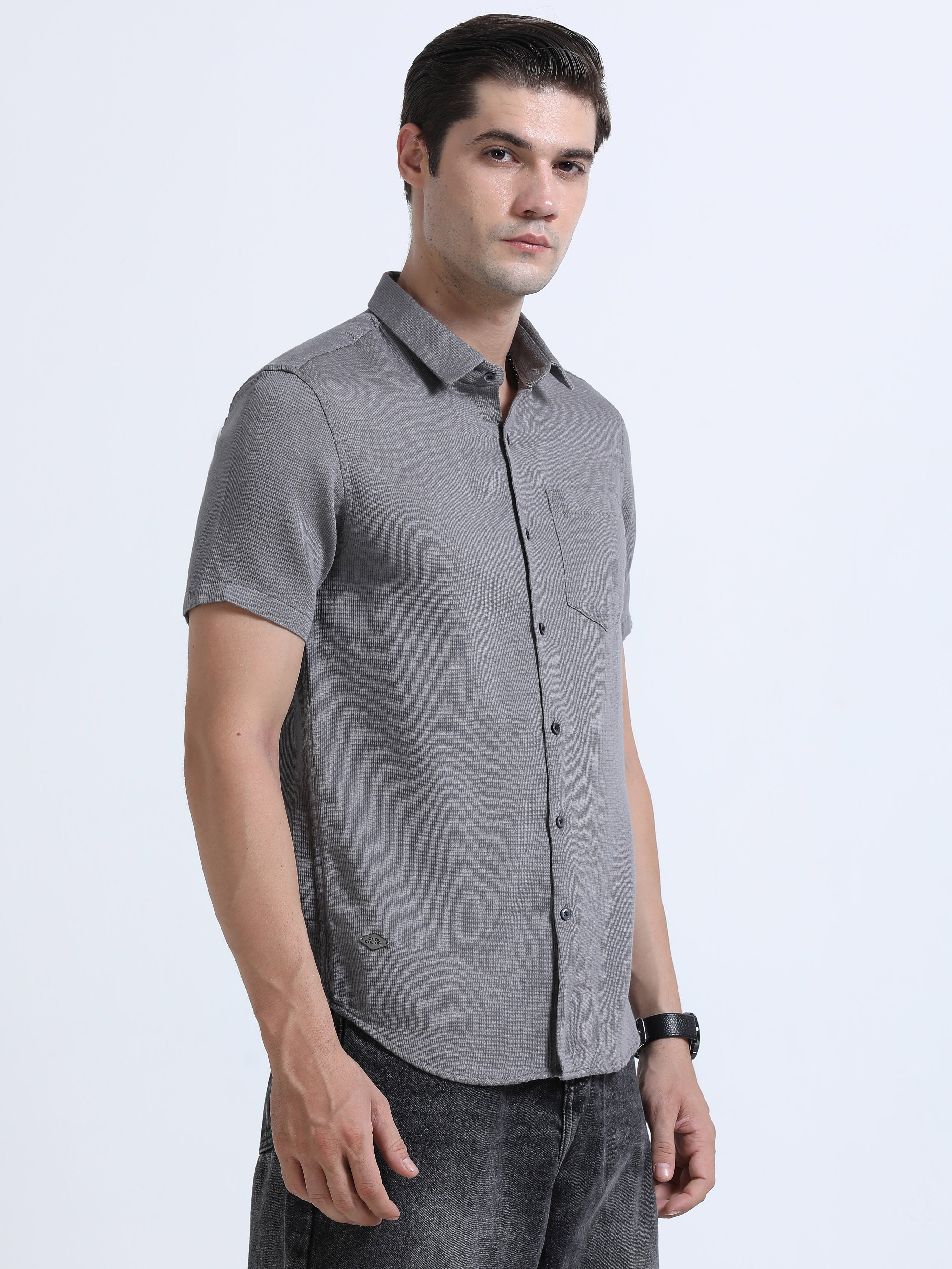 Men's Grey Slim Fit Dobby Half Sleeve Casual Shirt