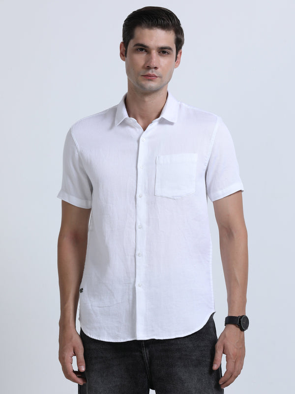 Men's White Slim Fit Half Sleeve Dobby Casual Shirt