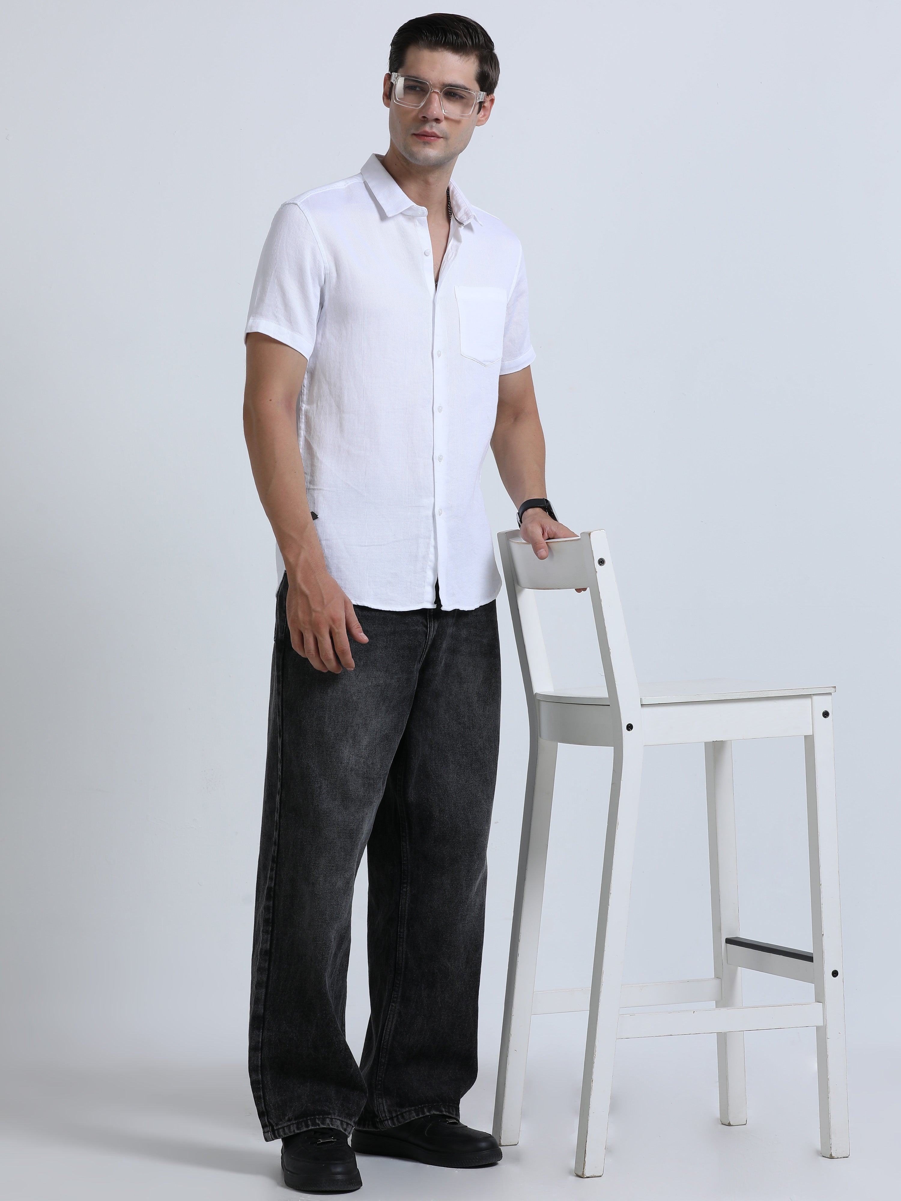 Men's White Slim Fit Half Sleeve Dobby Casual Shirt