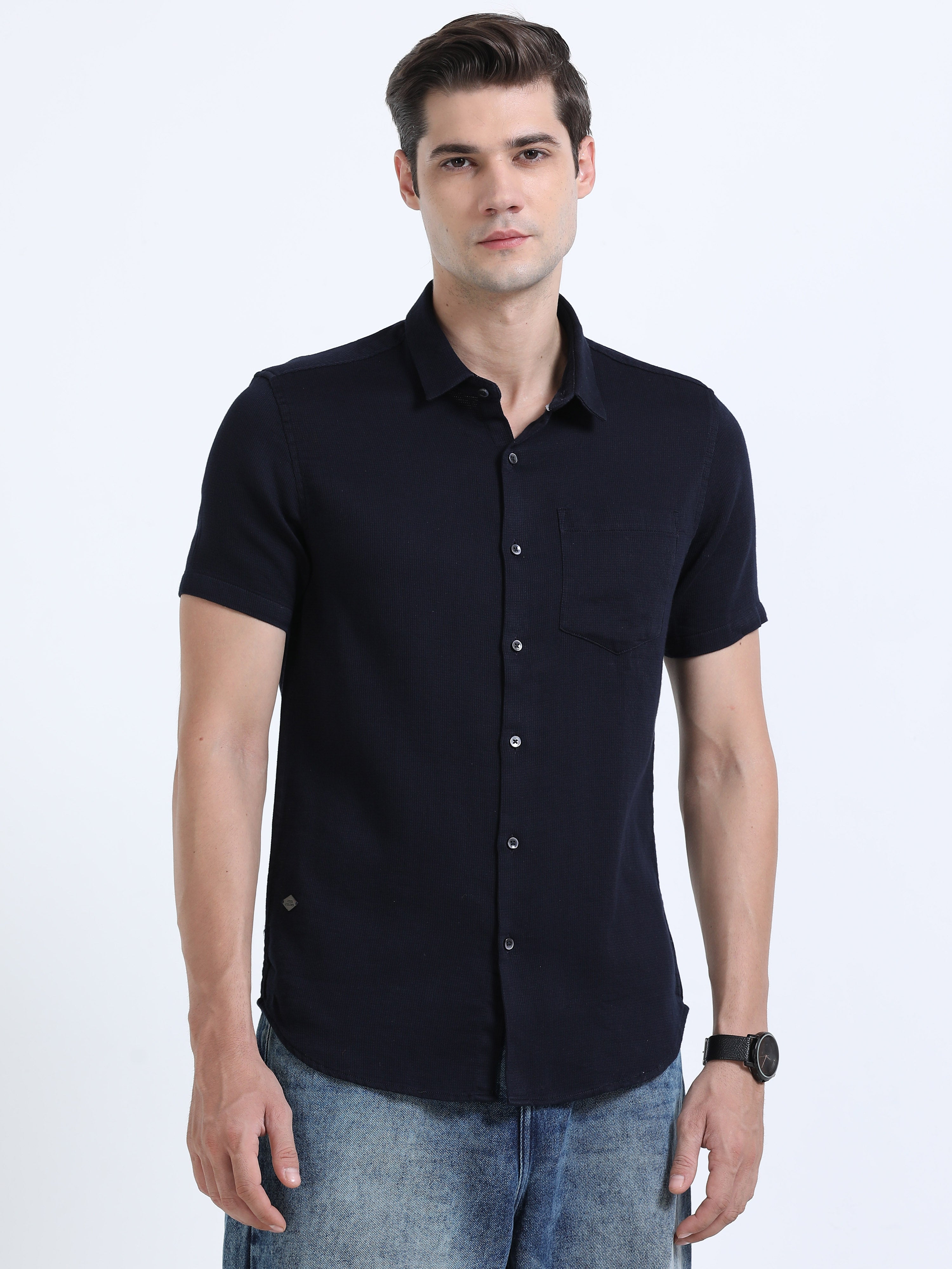 Men's Navy Slim Fit Dobby Half Sleeve Casual Shirt