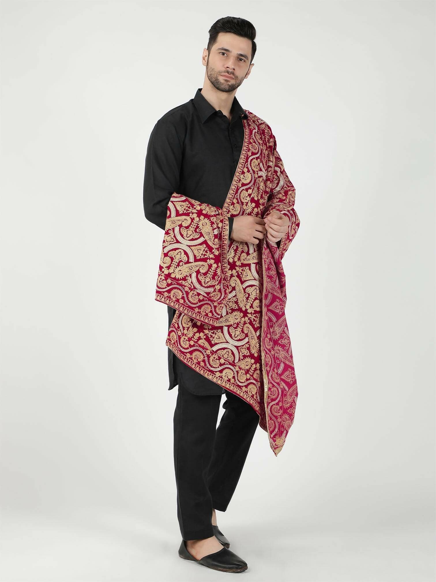 Paisley Patterned Embroidered Velvet Shawl - HalfPe