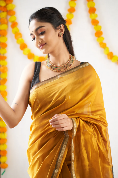 AXONIT Premium Golden Cotton Saree with Lightweight Fabric, Elegant Zari Border, and Traditional Finish