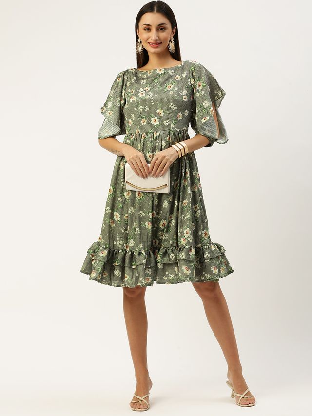 Bollywood Vogue Ready To Wear Mehndi Green Georgette Printed Dress