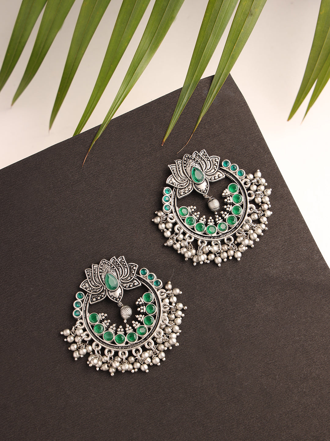 Green & Silver-Toned Lotus Shaped Chandbalis Earrings