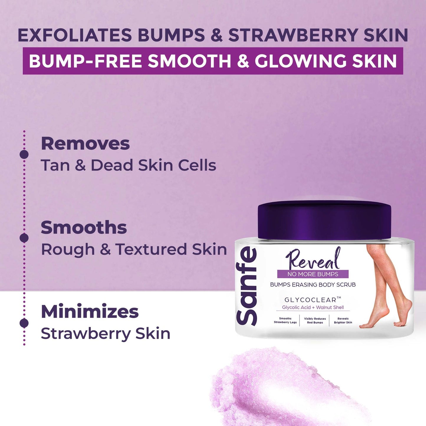 Sanfe Reveal No More Bumps Erasing Body Scrub for Rough & Bumpy Skin, Tan and Strawberry Legs Glycolic Acid, Walnut Shell Bath to Remove Dirt, Dead Skin 100g for women for soft & bright skin