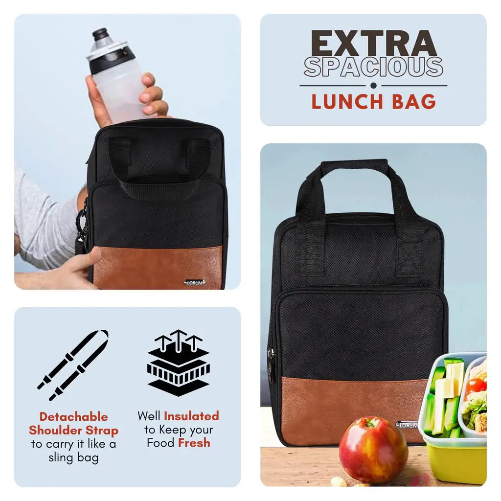 Black-Tan Faux Leather & PVC with Detachable shoulder strap Tiffin bag (TB17) LOREM