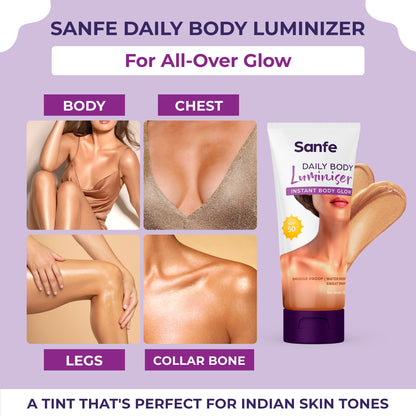 Sanfe Daily Body Luminiser l Instant Body Highlighter For Women | SPF50 Smudge Proof | Water Proof | Sweat Proof | Transfer Proof | Daily Complexion Booster | For Indian Skin | 50g