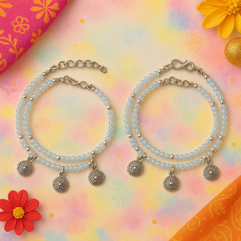 Set Of 2 Life Of Circular Charms Beaded Handcrafted Anklets