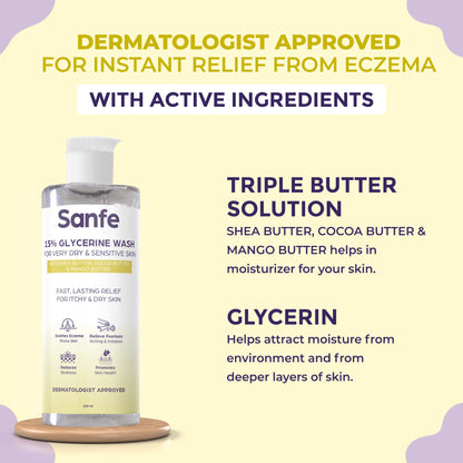 Sanfe Eczema Relief Wash | For very very dry skin | Soothes Eczema, Relieve Irritation & Itching, Reduces Redness | Rapid Relief Formula - 100ml
