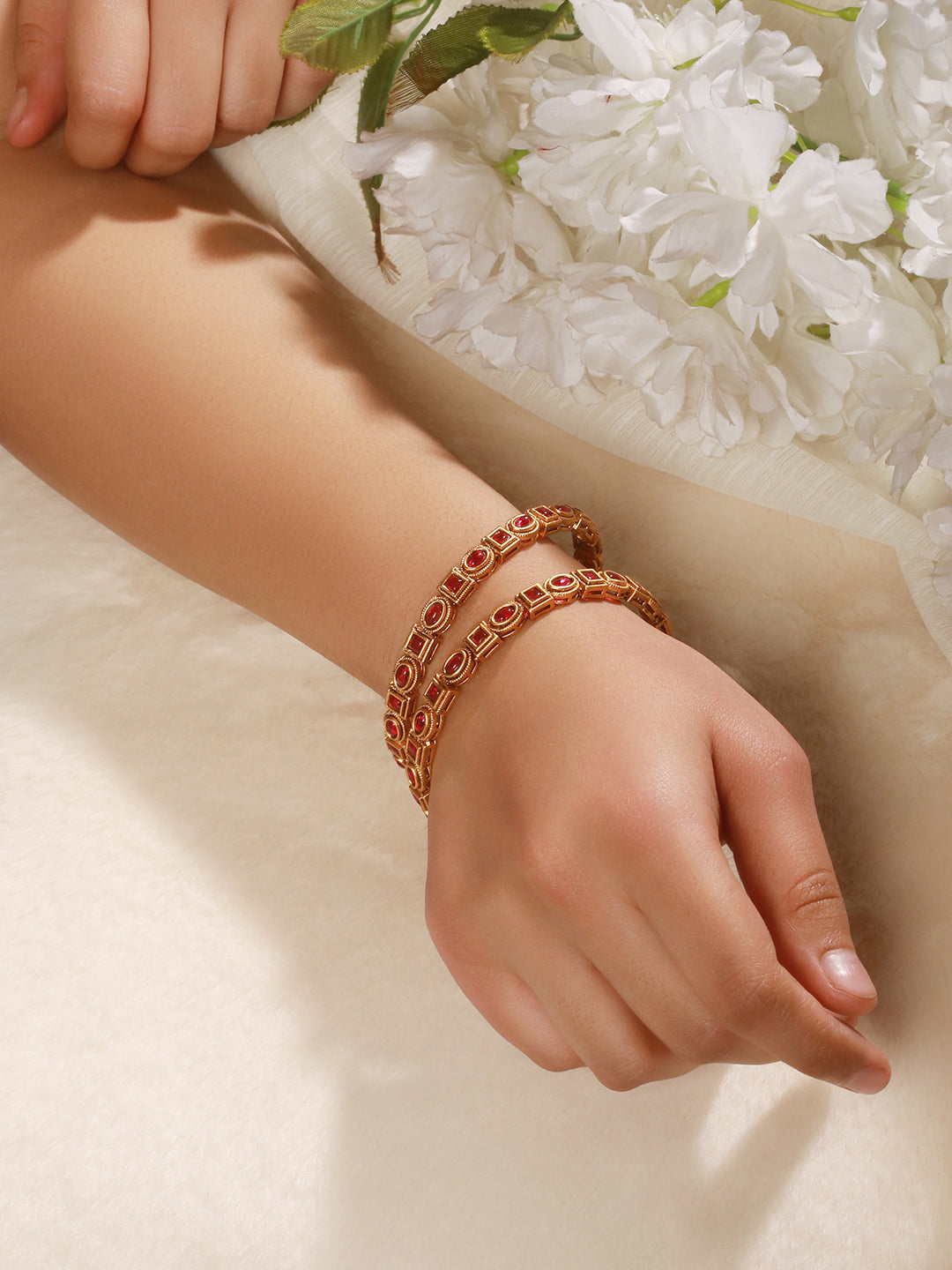 Jazz And Sizzle Set Of 2 18K Gold-Plated Ruby Stone Studded Bangles
