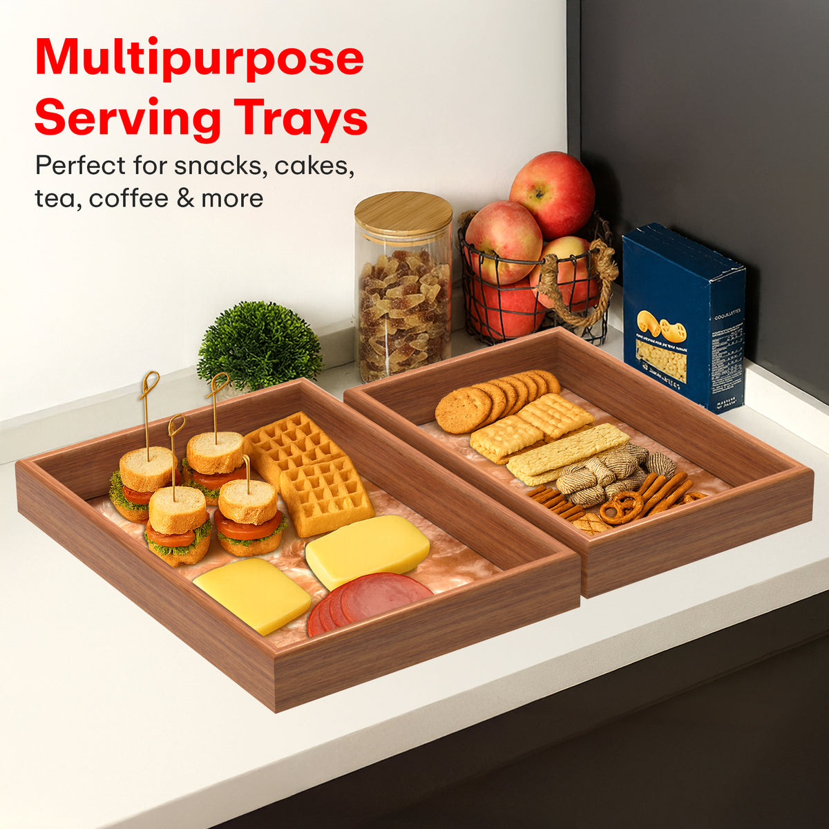 Rioware Wooden Serving Tray Set of 3 | Bamboo Tea & Coffee Serving Trays | Decorative Resin Kitchen & Dining Tray Set | Snack, Breakfast & Home Décor | Terramarble New