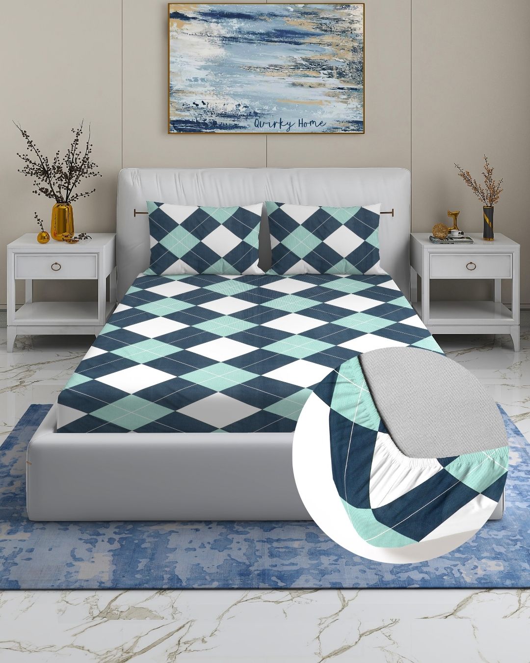 Rome Collection Cotton 220 TC Fitted Queen Bedsheet with 2 Pillow Covers - Blue