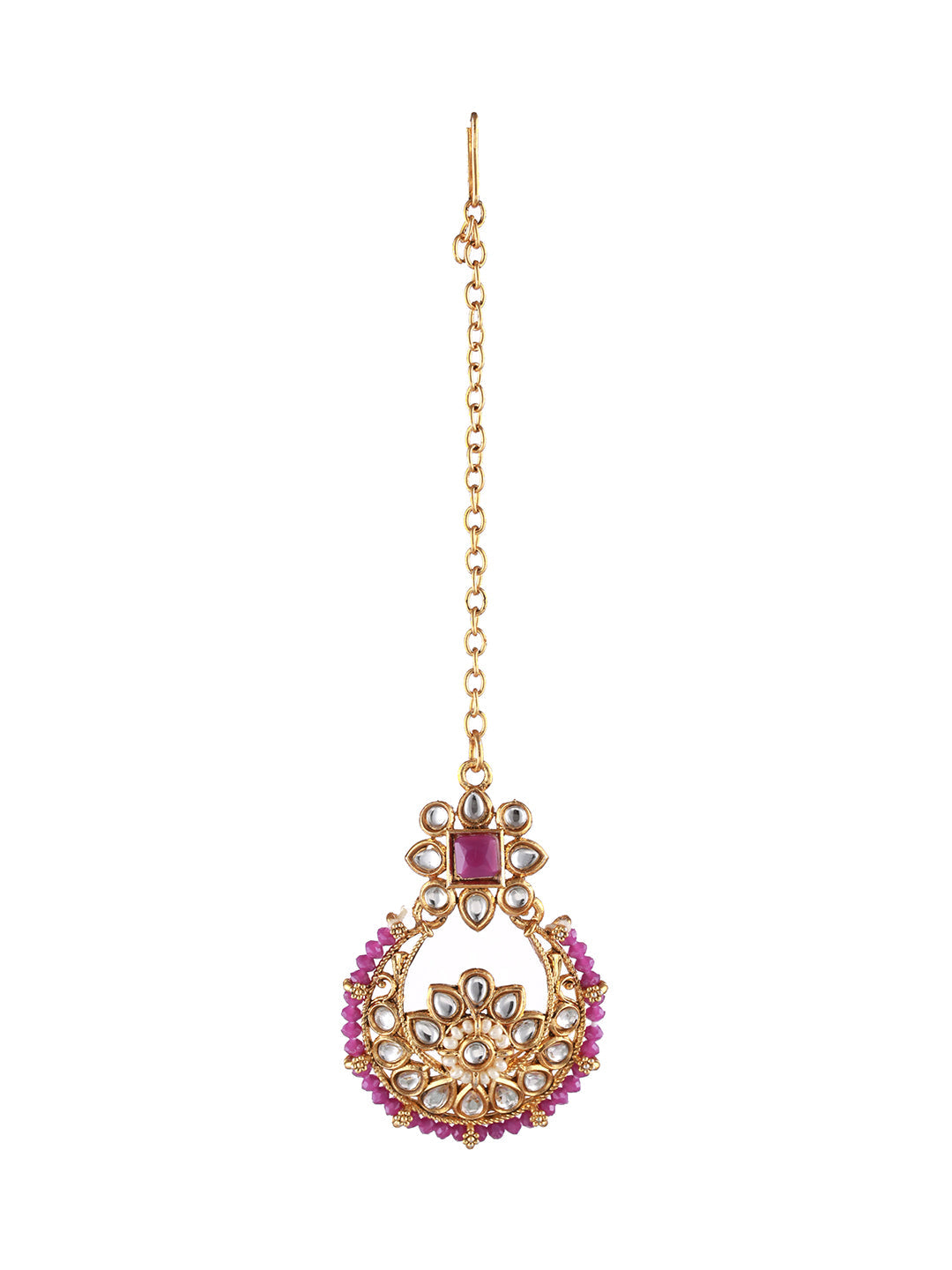 Gold-Plated Wine Kundan Studded & Pearl Beaded Choker Jewellery Set With Maangtikka
