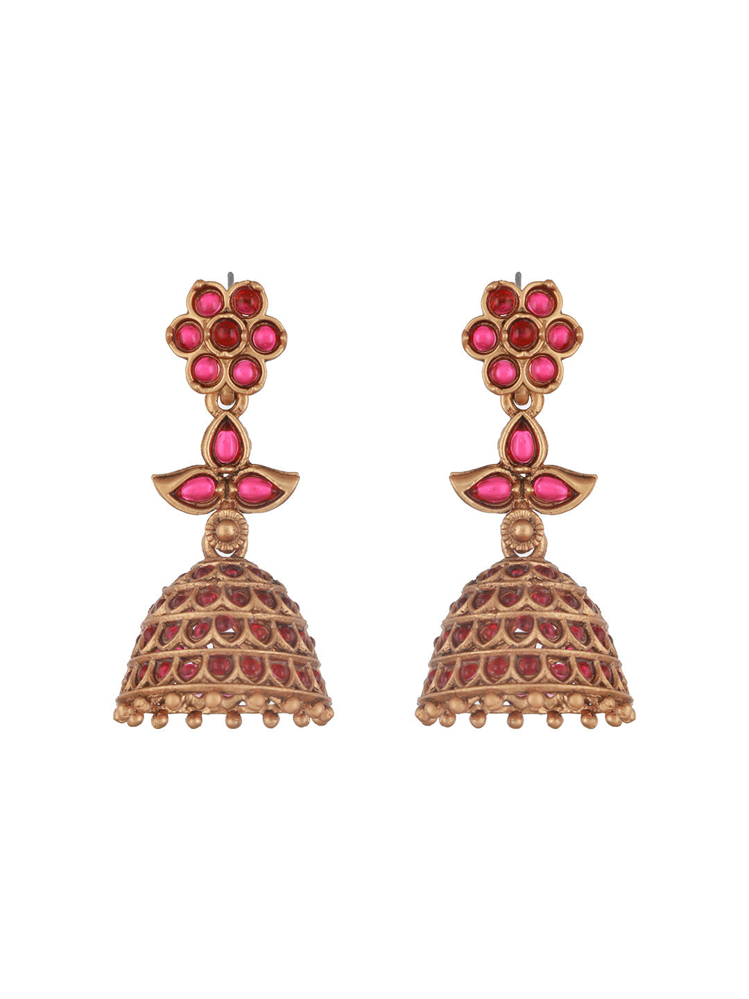 Jazz And Sizzle Gold-Plated Faux Ruby Studded Beads Beaded Floral Shaped Jhumka Earrings