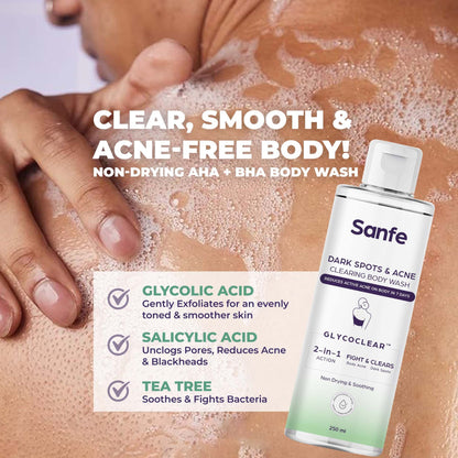 Sanfe Dark Spots & Acne Clearing Body Wash Prevents Body Acne, Bumpy Skin & Fades Dark Spots Salicylic Acid, Glycolic Acid & Tea Tree Non Drying Formula 250ml