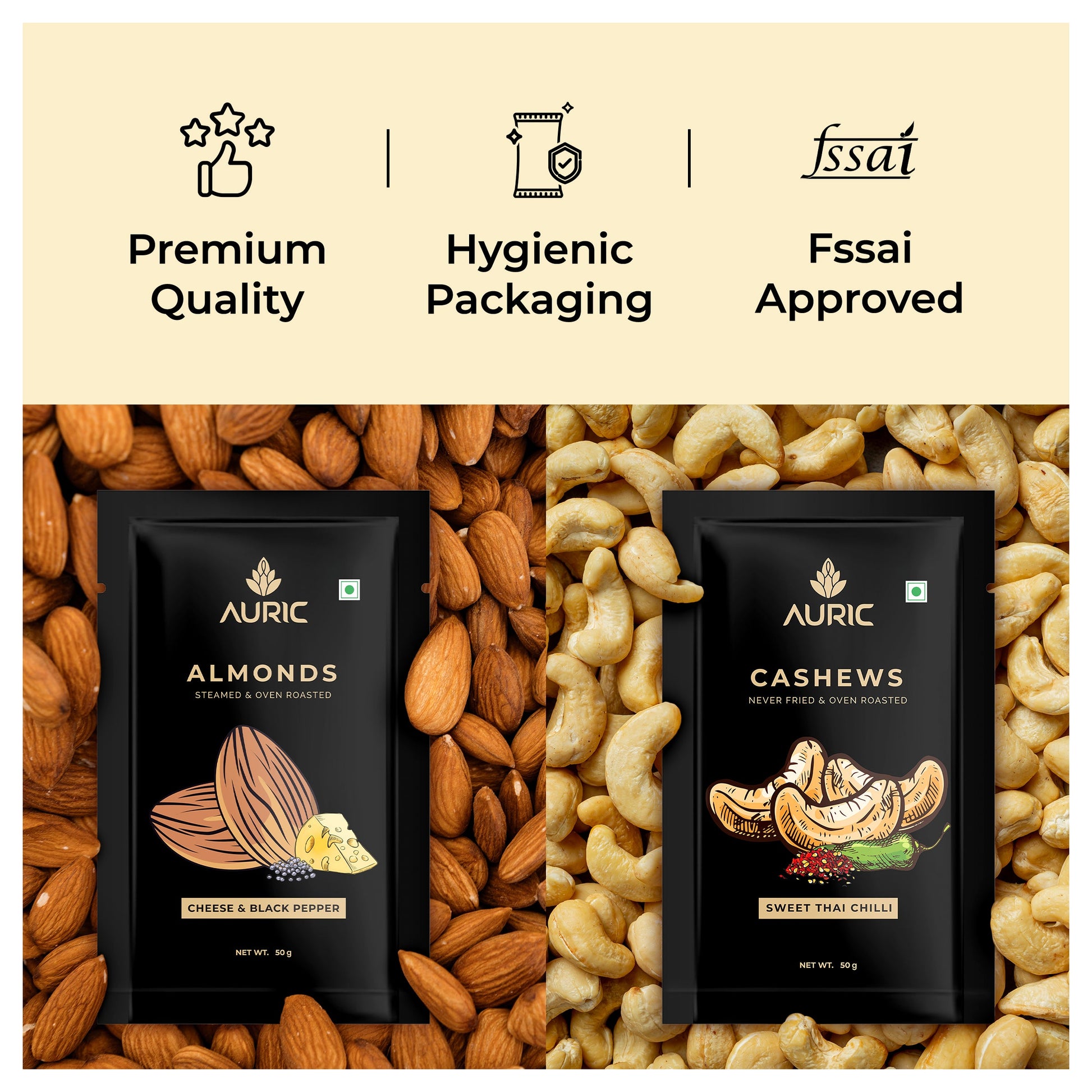 Auric Flavoured Nuts Combo Pack of  Almonds & Cashews (Cheese & Black Pepper, Smoky Barbeque, Sweet Thai Chilli & Mexican Peri Peri) with Steamed & Oven Roasted  50g x 4 (200g) Zenith Drinks