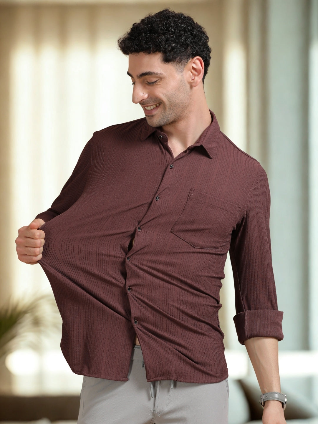 Men Maroon Full Sleeve Cotton Knitted Casual Shirt Cool Colors