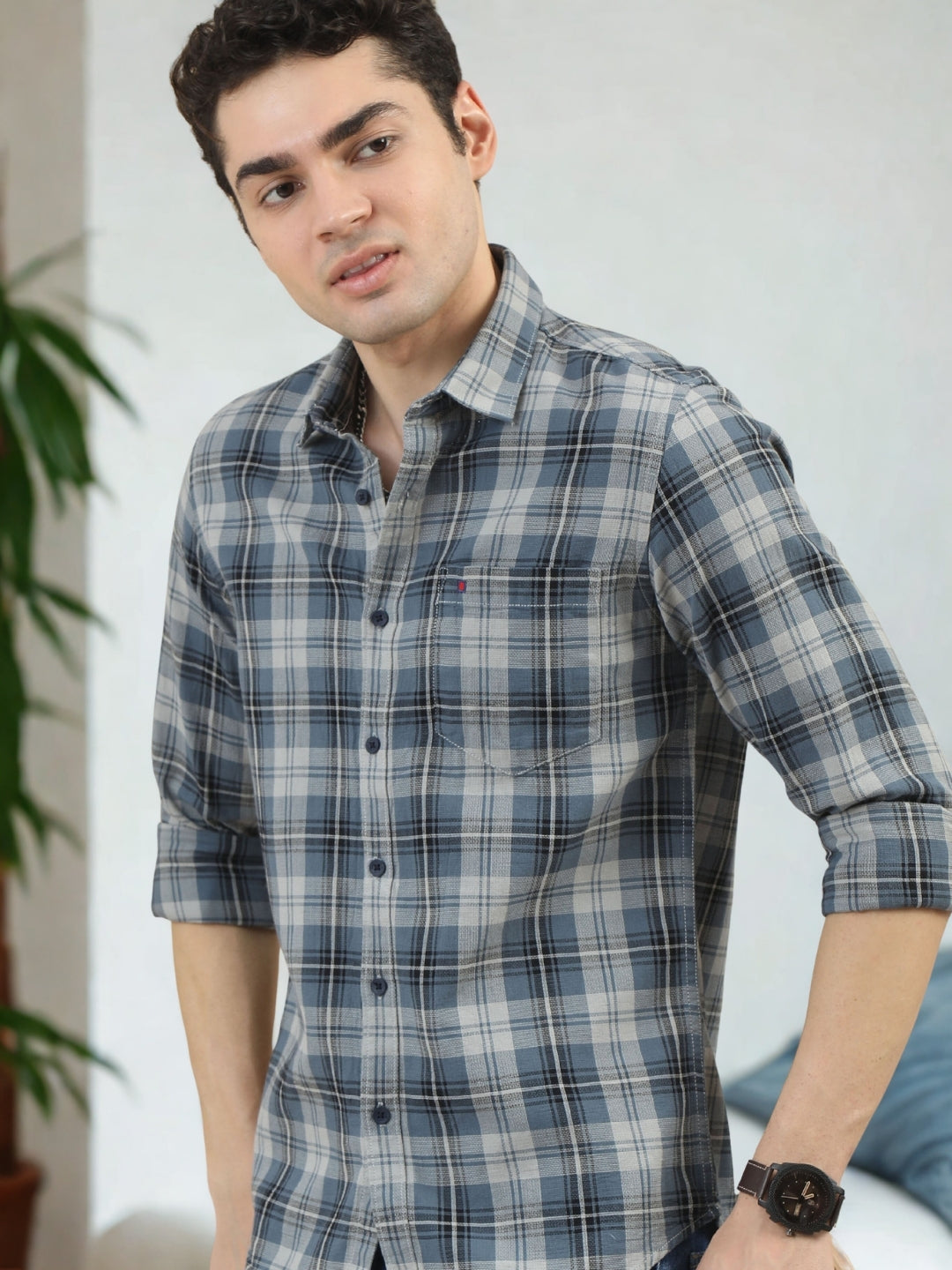 Men Grey Slim Fit Checks Full Sleeve Casual Shirt Cool Colors