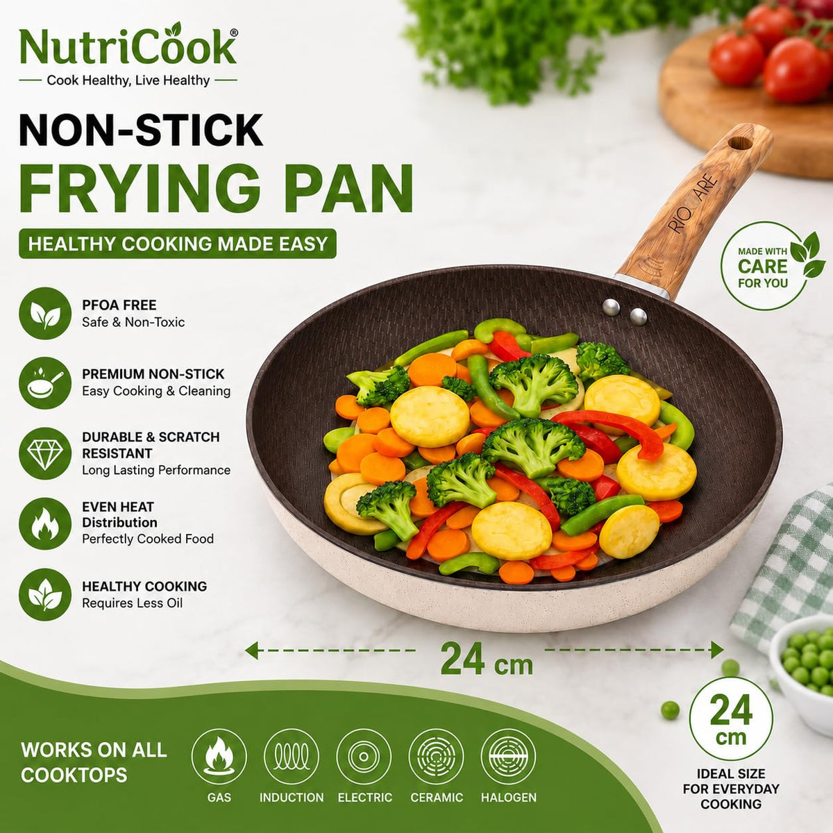 Rioware Non-Stick Maifan Frying Pan (3L) | 5-Layer Non-Stick Coating | Induction, Ceramic, Electric & Gas Compatible | Dishwasher Safe |Multipurpose Pan for Eggs, Stir-Fry