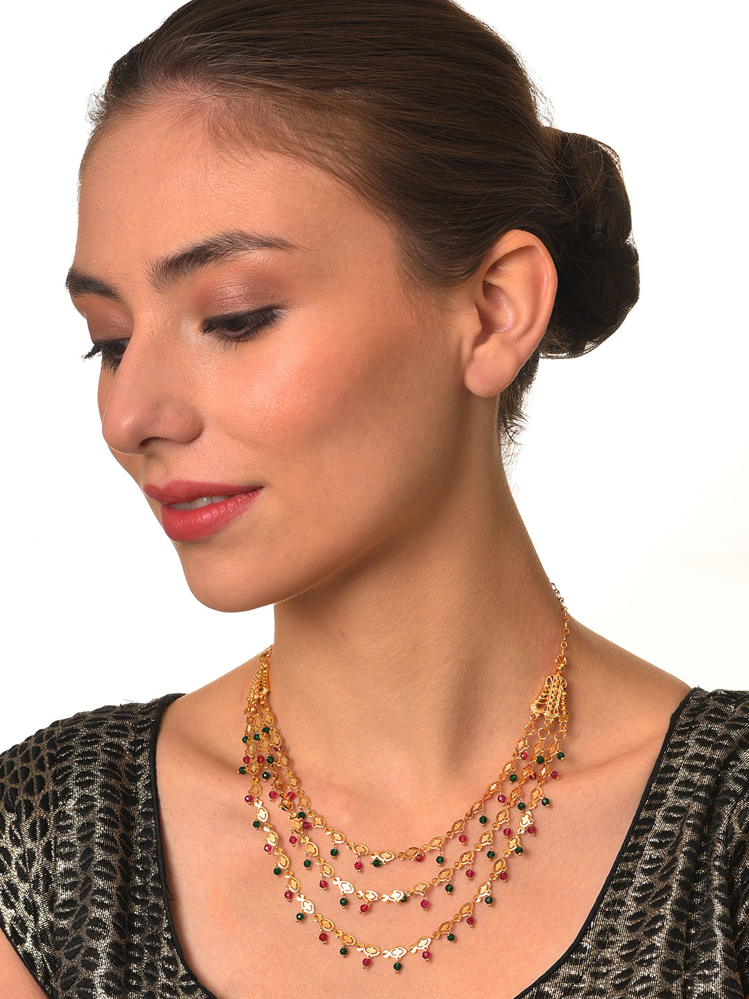 Women High Micron Gold-Plated Red & Green Colored Layered Necklace