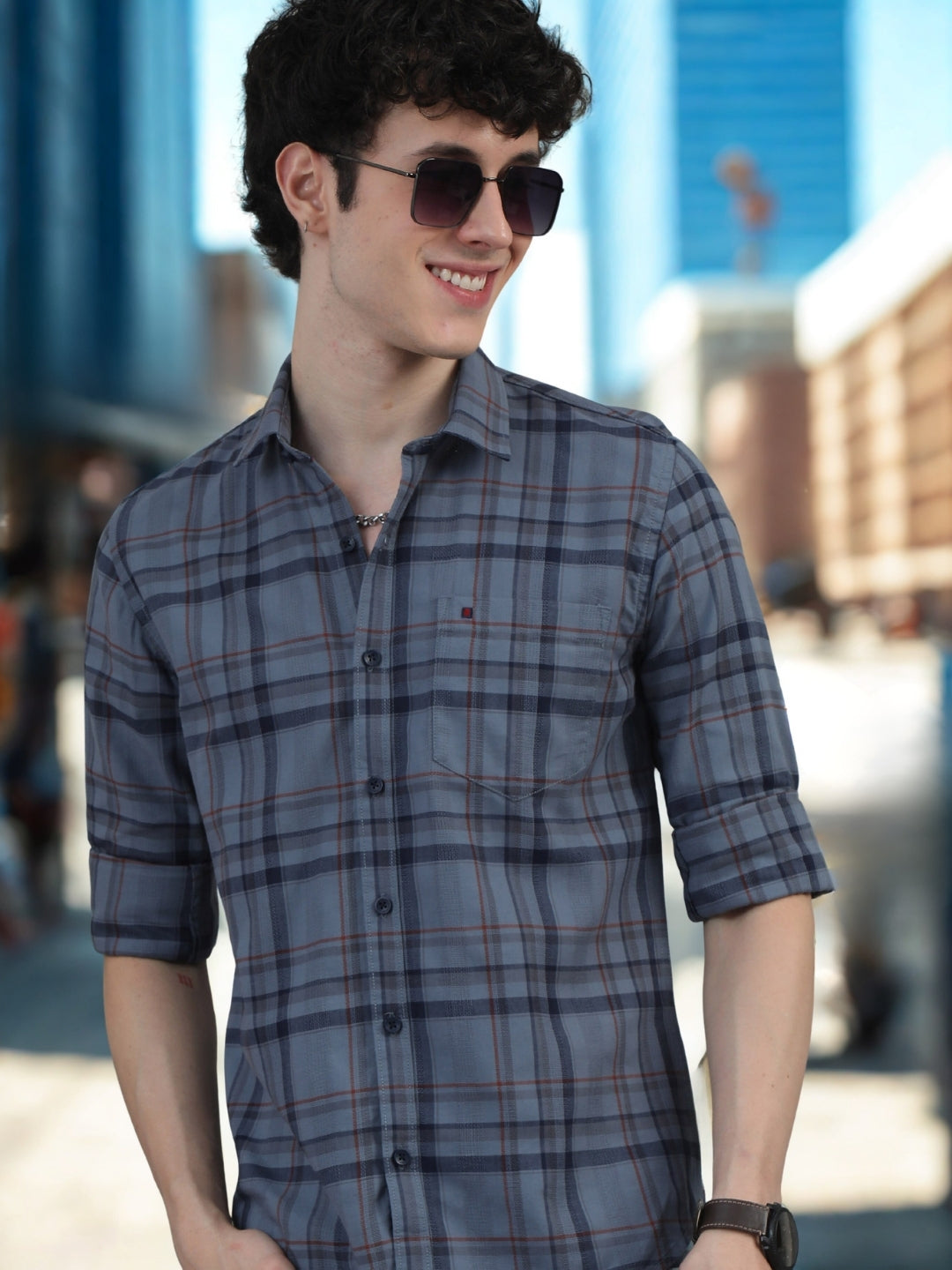 Men Navy Blue Slim Fit Checks Full Sleeve Casual Shirt Cool Colors