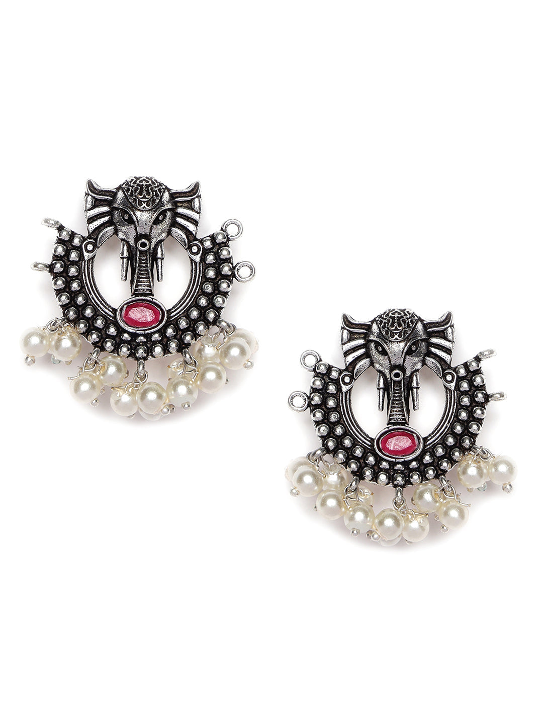 Oxidised Silver-Plated & Green Stone-Studded & Beaded Traditional Jewellery Set