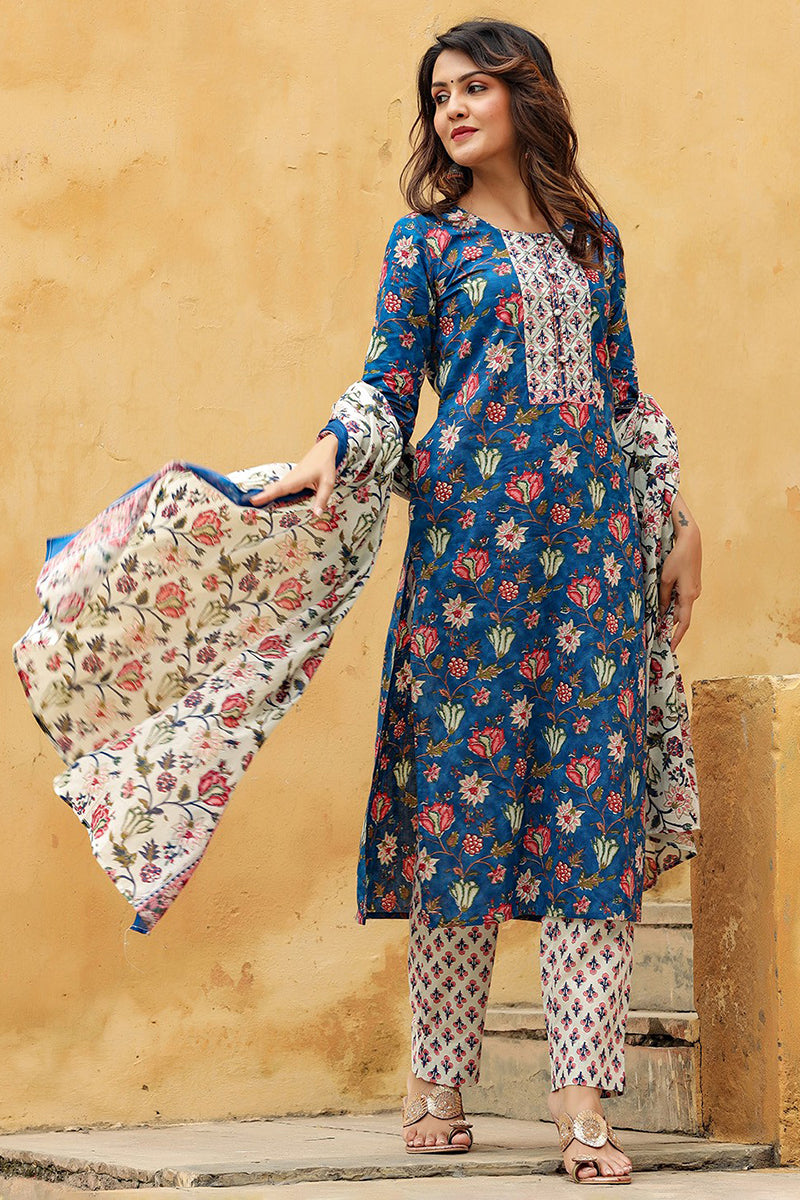 Blue Rayon Blend Floral Printed Straight Suit Set