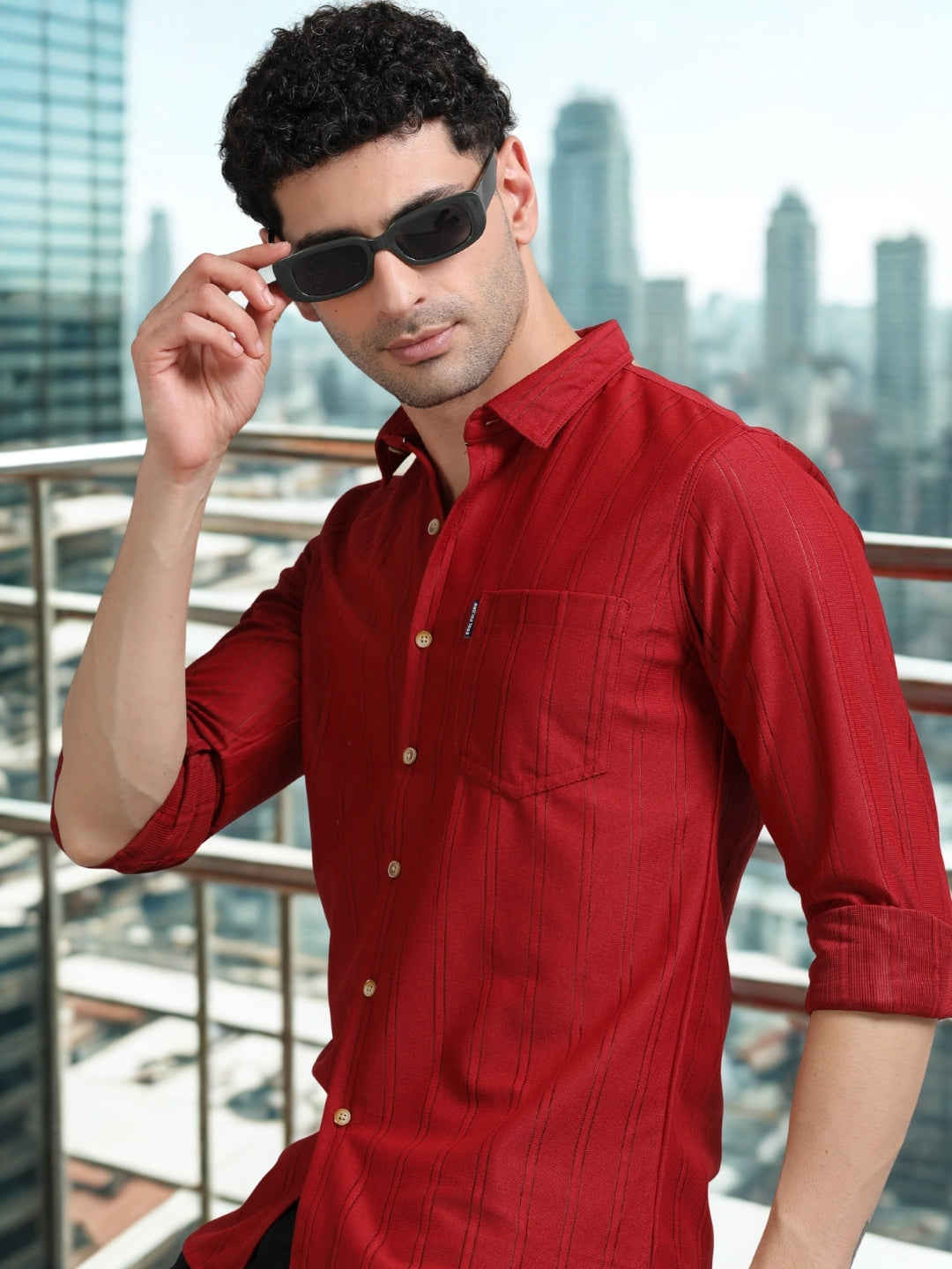 Men Red Full Sleeve knitted Dobby Casual Shirt Cool Colors