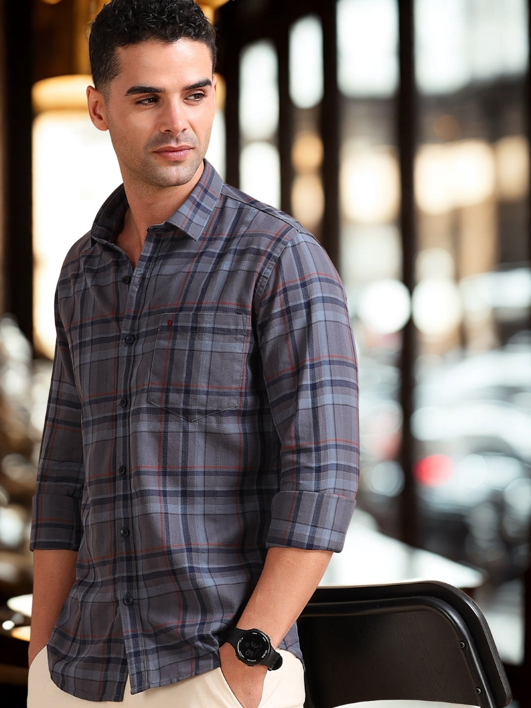 Men Dark Grey Slim Fit Checks Full Sleeve Casual Shirt Cool Colors