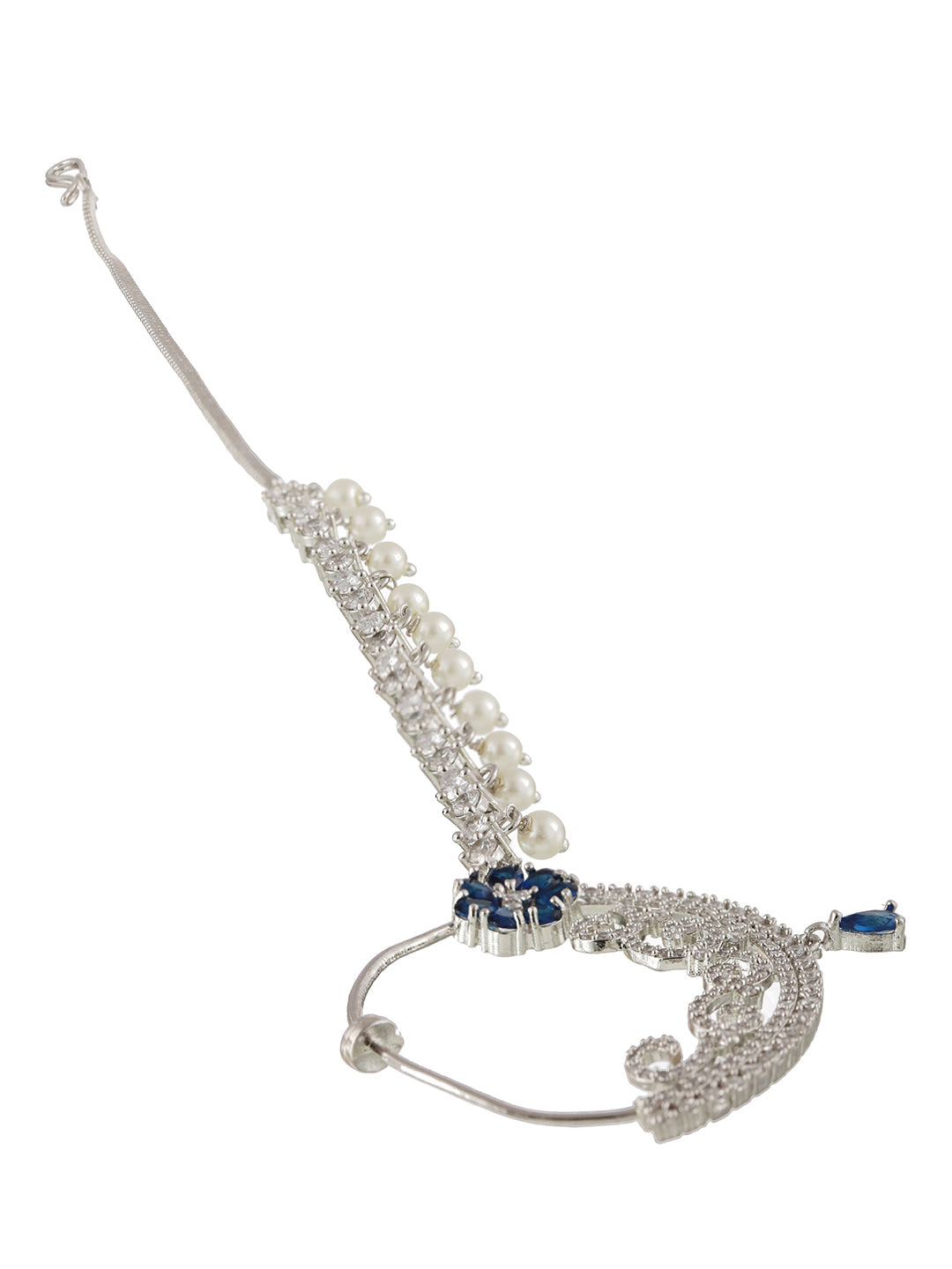 Silver Plated Blue Floral American Diamond Studded Handcrafted Nose Ring With Pearl Drop Chain