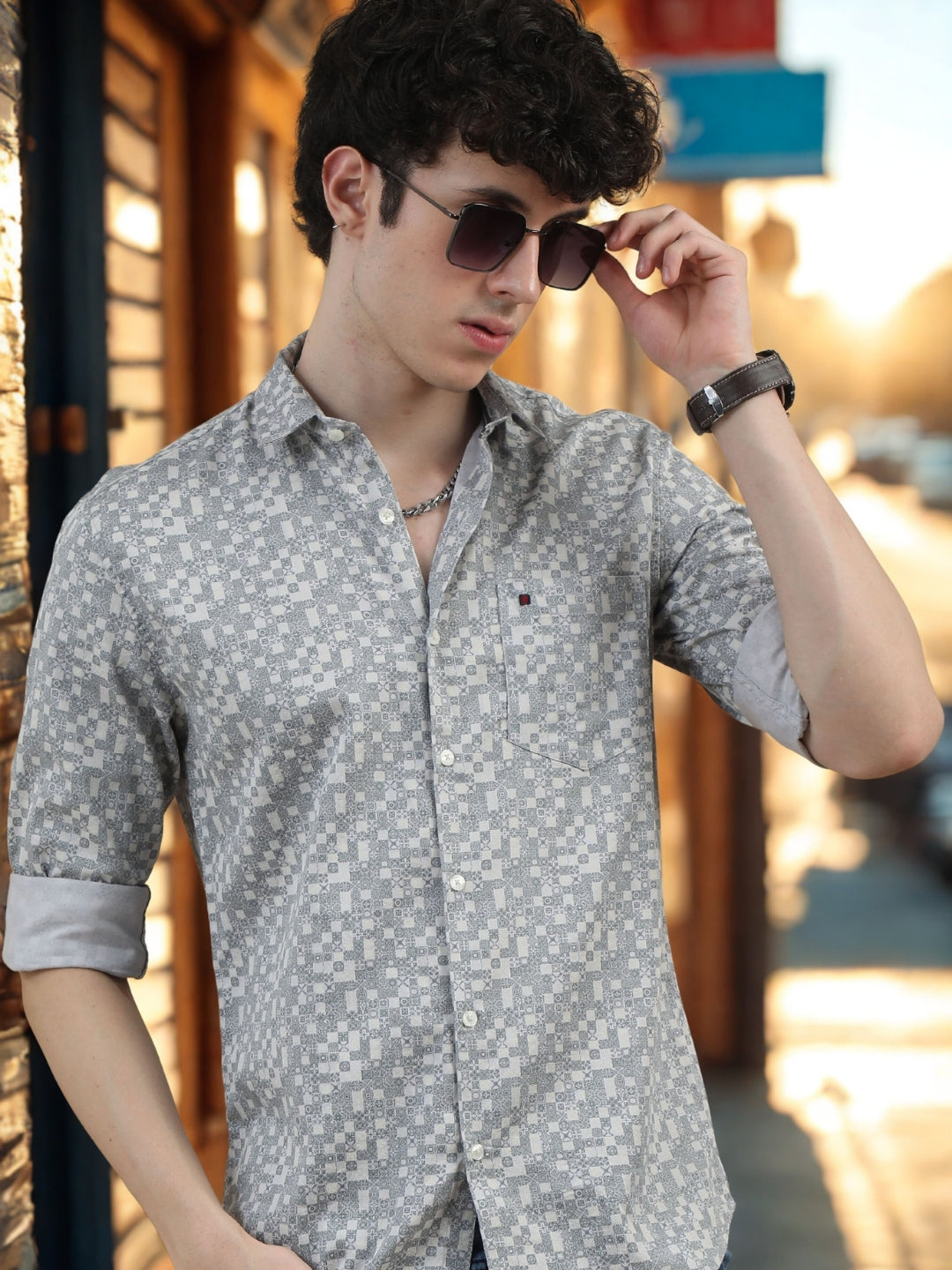 Men Light Grey Slim Fit Printed Full Sleeve Casual Shirt Cool Colors