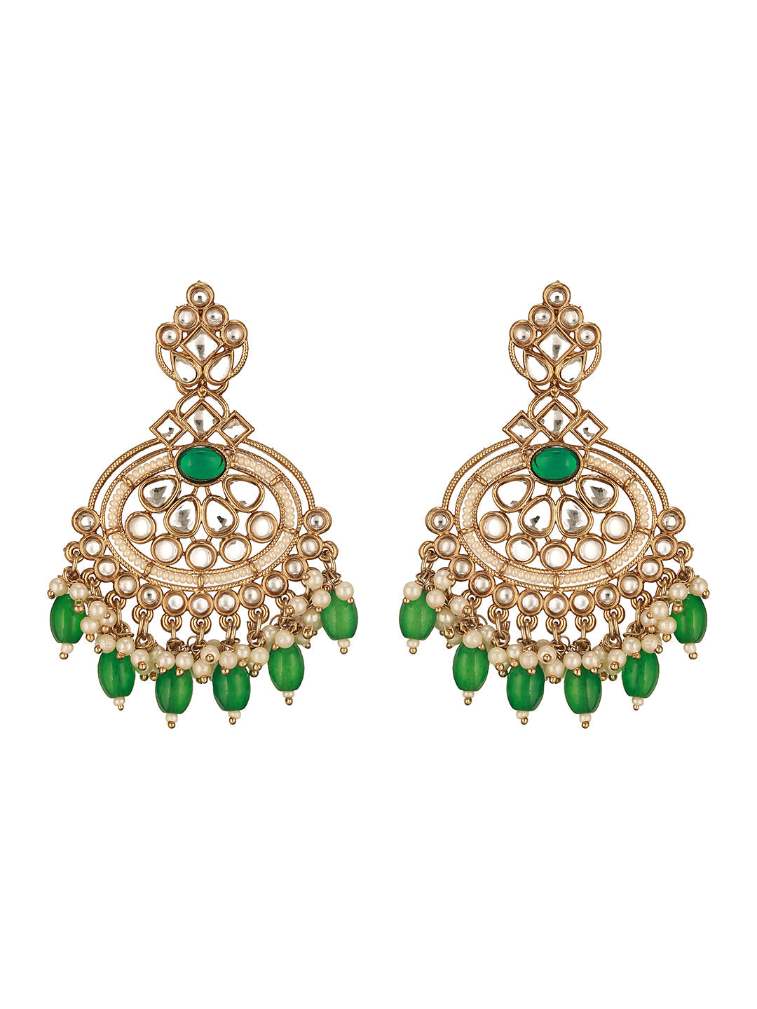 Jazz And Sizzle Green & White Kundan Studded Gold-Plated Classic Chandbalis Earrings