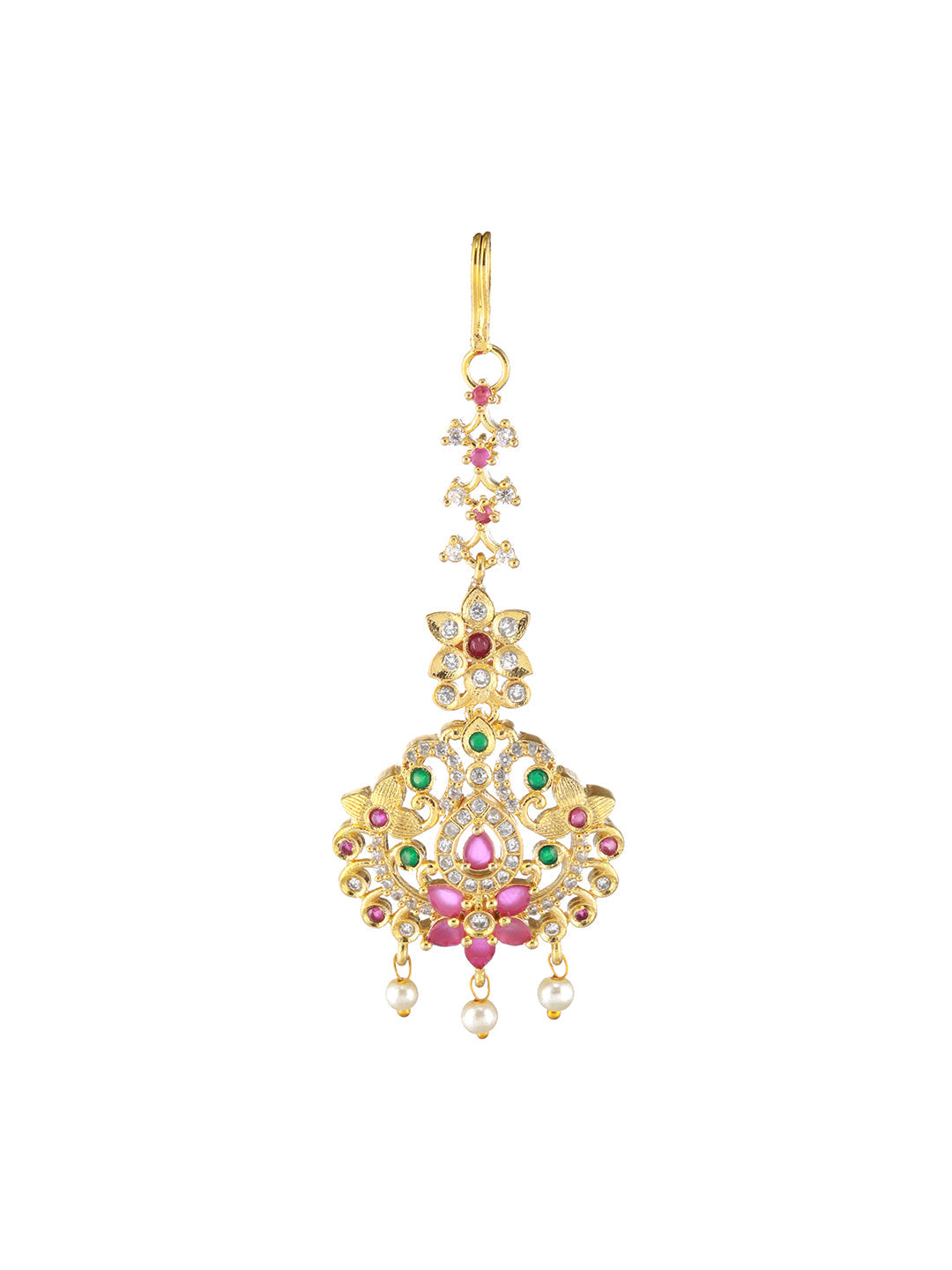 Jazz And Sizzle Gold-Plated Maroon & Green American Diamond-Studded & Beaded Handcrafted Maang tikka