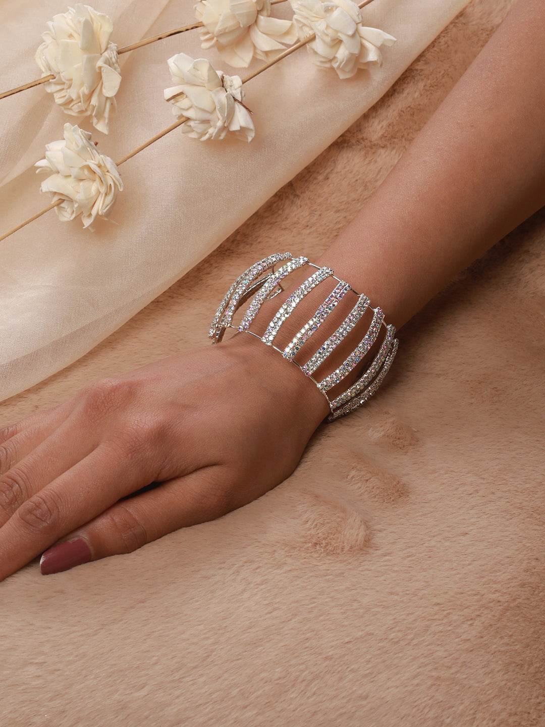 Silver-Plated Crystal-Studded Cuff Bracelet