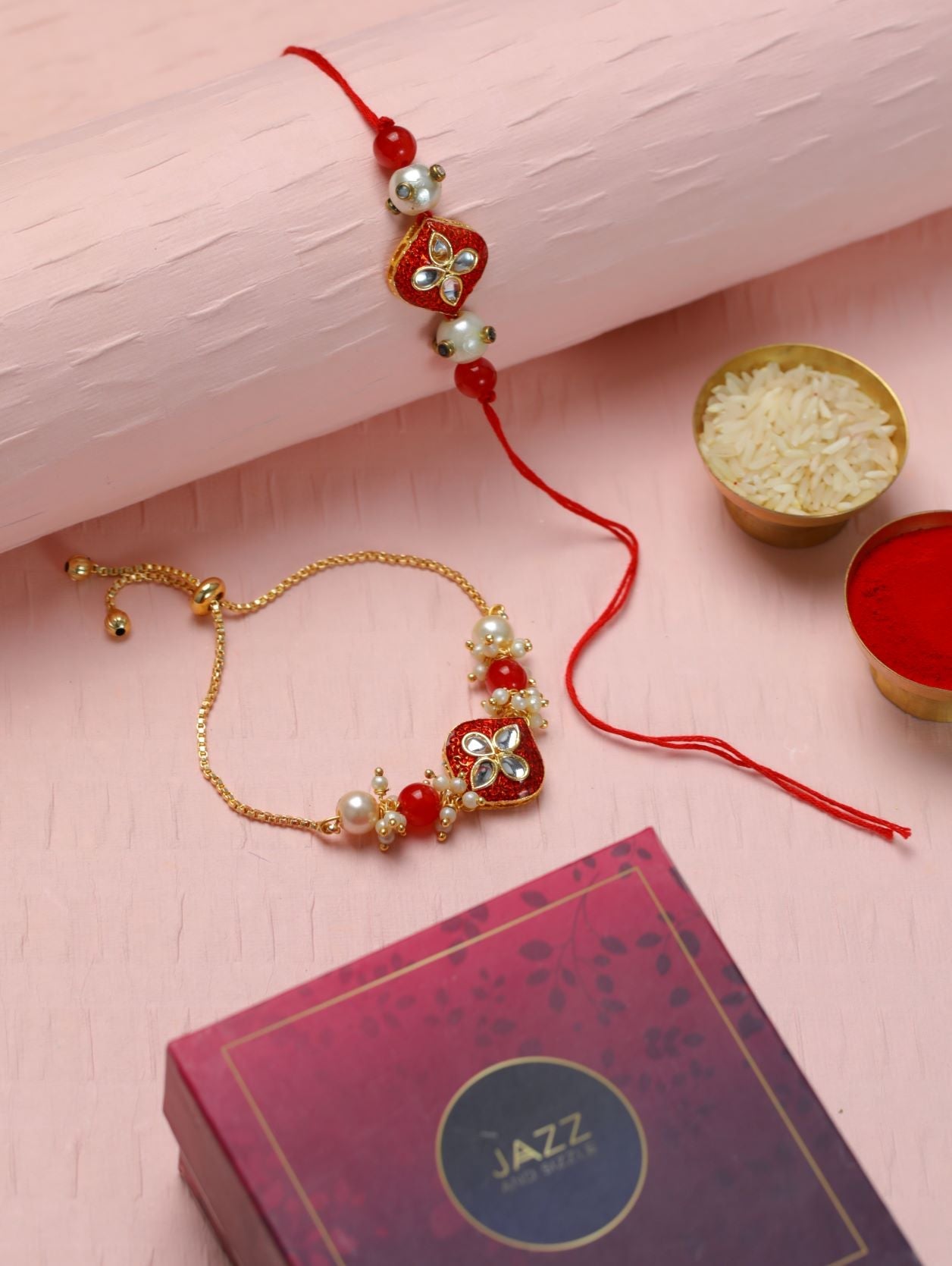 Jazz And Sizzle Set Of 2 Maroon Meenakari & Pearl  Bhayia & Bhabhi Rakhi