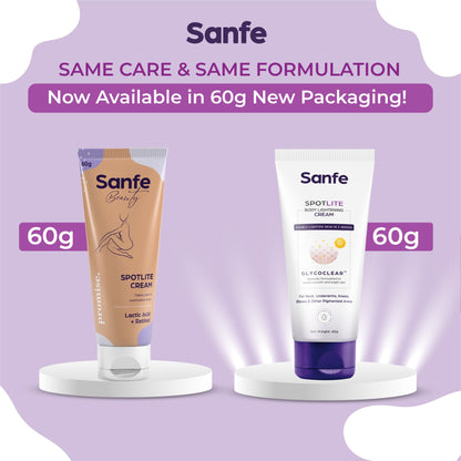 Sanfe Spotlite Body Cream For Dark Neck, Joints and Skinfolds Enriched with 3% Lactic Acid, Retinol & SPF 15 For Dark Patches, Detanning, Anti Aging and Skin Tightening Helps in Exfoliation, Lightening & 24 Hr Long Moisture - 60gm | For Indian Skin