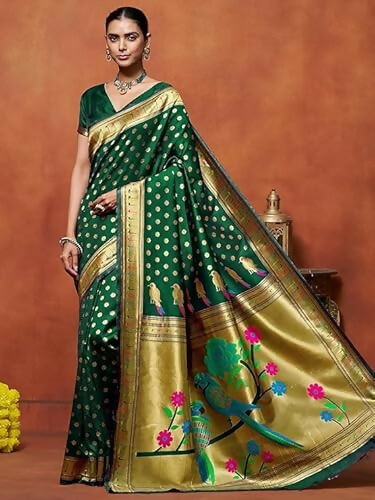 AXONIT Green Soft Silk Saree with Golden Zari Polka & Peacock Pallu