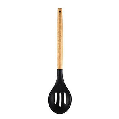 P-Plus International Silicone Cooking Spoon BPA Free 480°F Heat-Resistant Rubber Non-Stick Slotted Spoon for Mixing (Black) - HalfPe