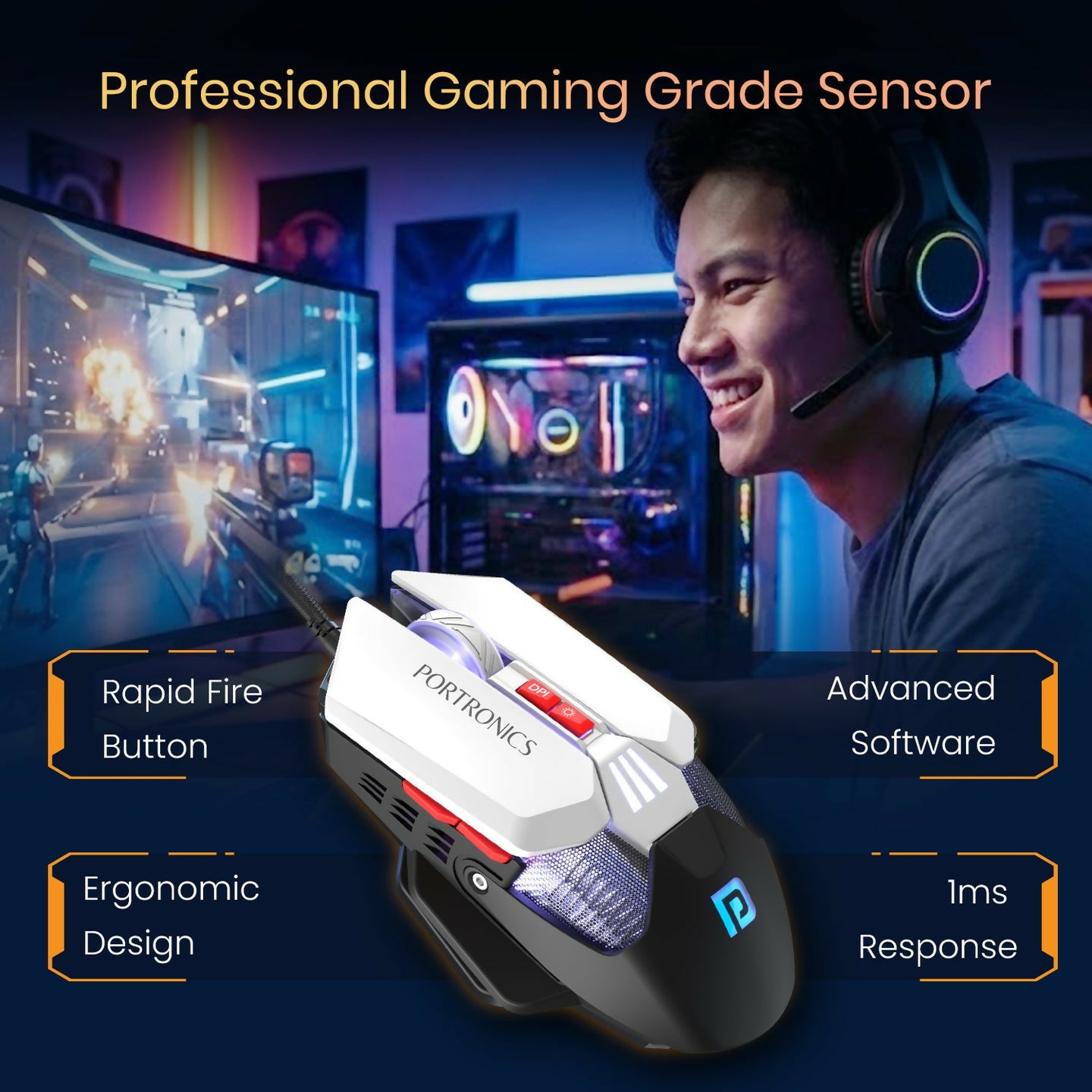 Portronics Vader X USB Wired Programmable Gaming Mouse, Upto 7200 Adjustable DPi, 7 Button Control, Upto 10 Million Click, Ultra-Responsive 7000fps, RGB Lights, 1000Hz Polling Rate (Black)
