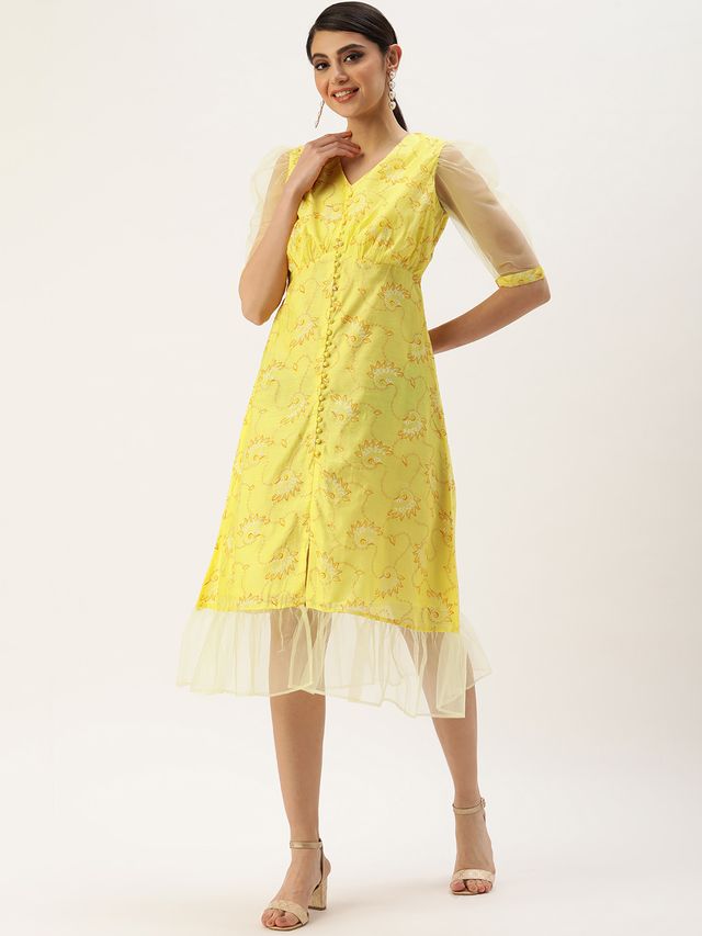Bollywood Vogue Ready To Wear Yellow Foil Printed A Line Dress