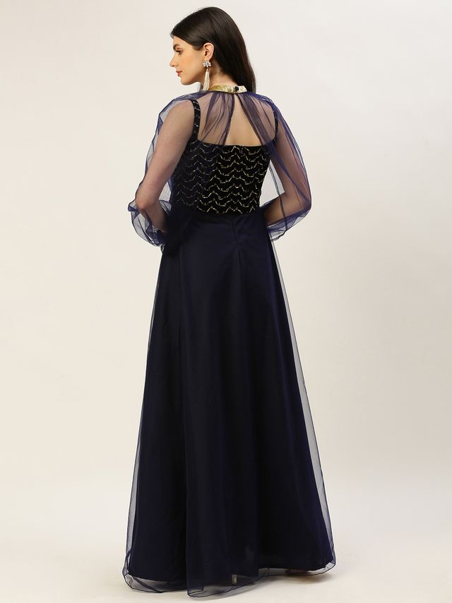 Bollywood Vogue Ready To Wear Blue Velvet Embroidered Dress With Cape