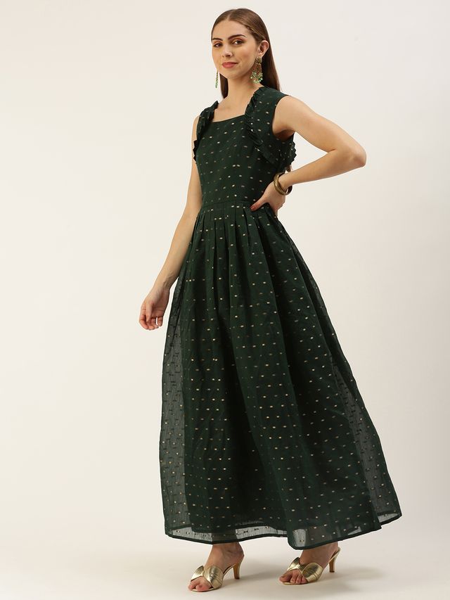 Bollywood Vogue Ready To Wear Teal Green Art Silk Cotton Jacquard Dress