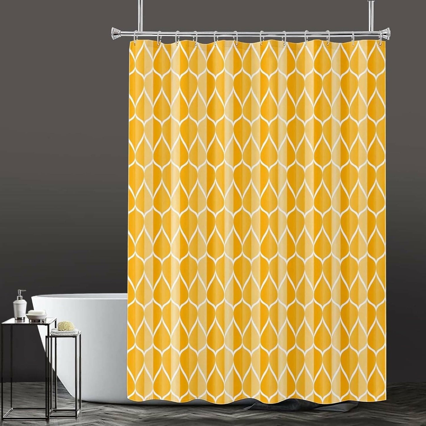 Lushomes Bathroom Shower Curtain with 12 Hooks and 12 Eyelets, Printed Weave Designer Bathtub Curtain, Non-PVC, Water-repellent bathroom Accessories, Yellow, 6 Ft H x 6.5 FT W (72x80 Inch, Single Pc) - HalfPe